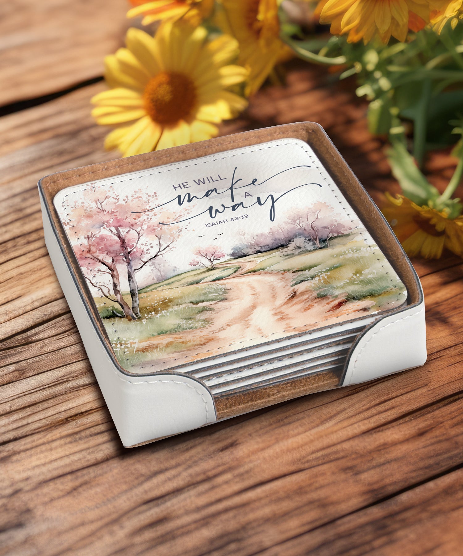 Serenity in Scripture assorted leatherette coaster set with landscape artwork and Bible verses