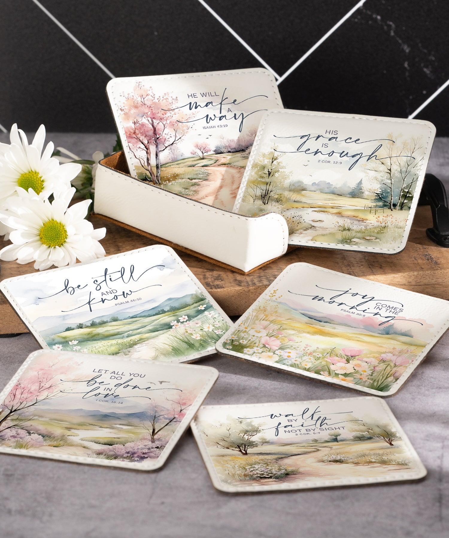 Serenity in Scripture assorted leatherette coaster set with landscape artwork and Bible verses
