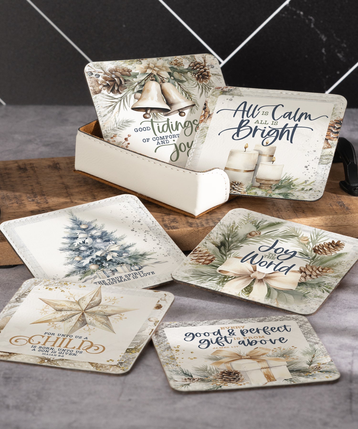 Christmas Plaid assorted leatherette coaster set with festive holiday messages and plaid designs