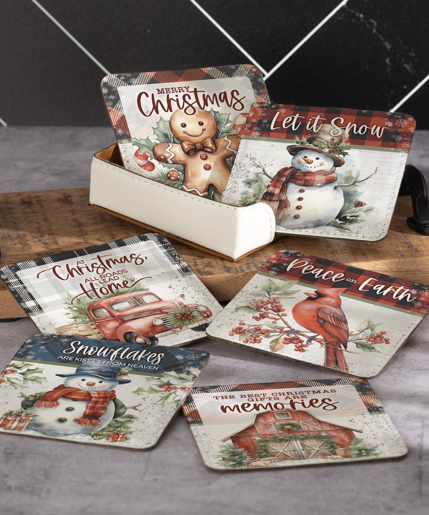 Christmas Plaid assorted leatherette coaster set with festive holiday messages and plaid designs