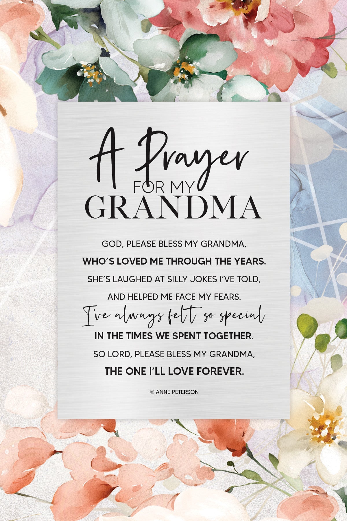 Prayer for My Grandma 6x9 MDF Plaque with watercolor artwork, silver edge, and inspirational verse