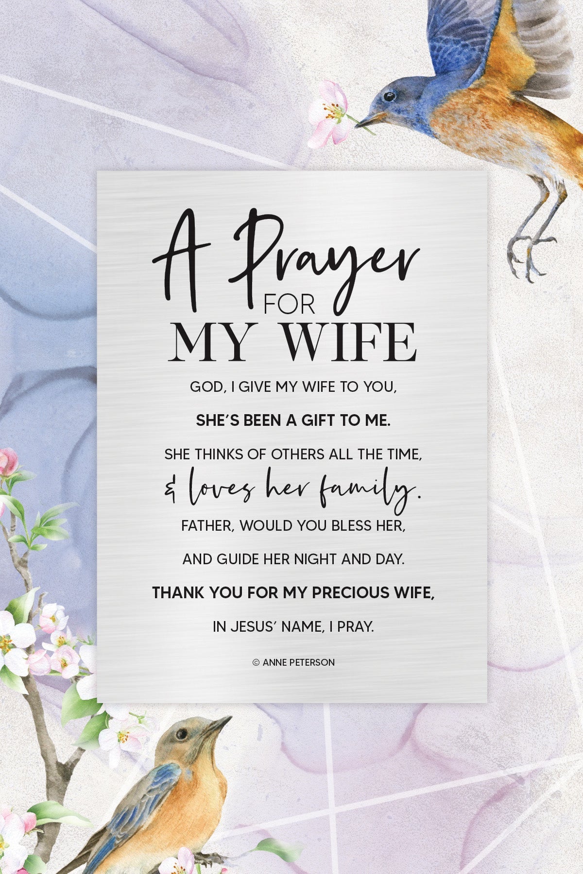 Prayer for My Wife 6x9 MDF Plaque with watercolor artwork, silver edge, and inspirational verse