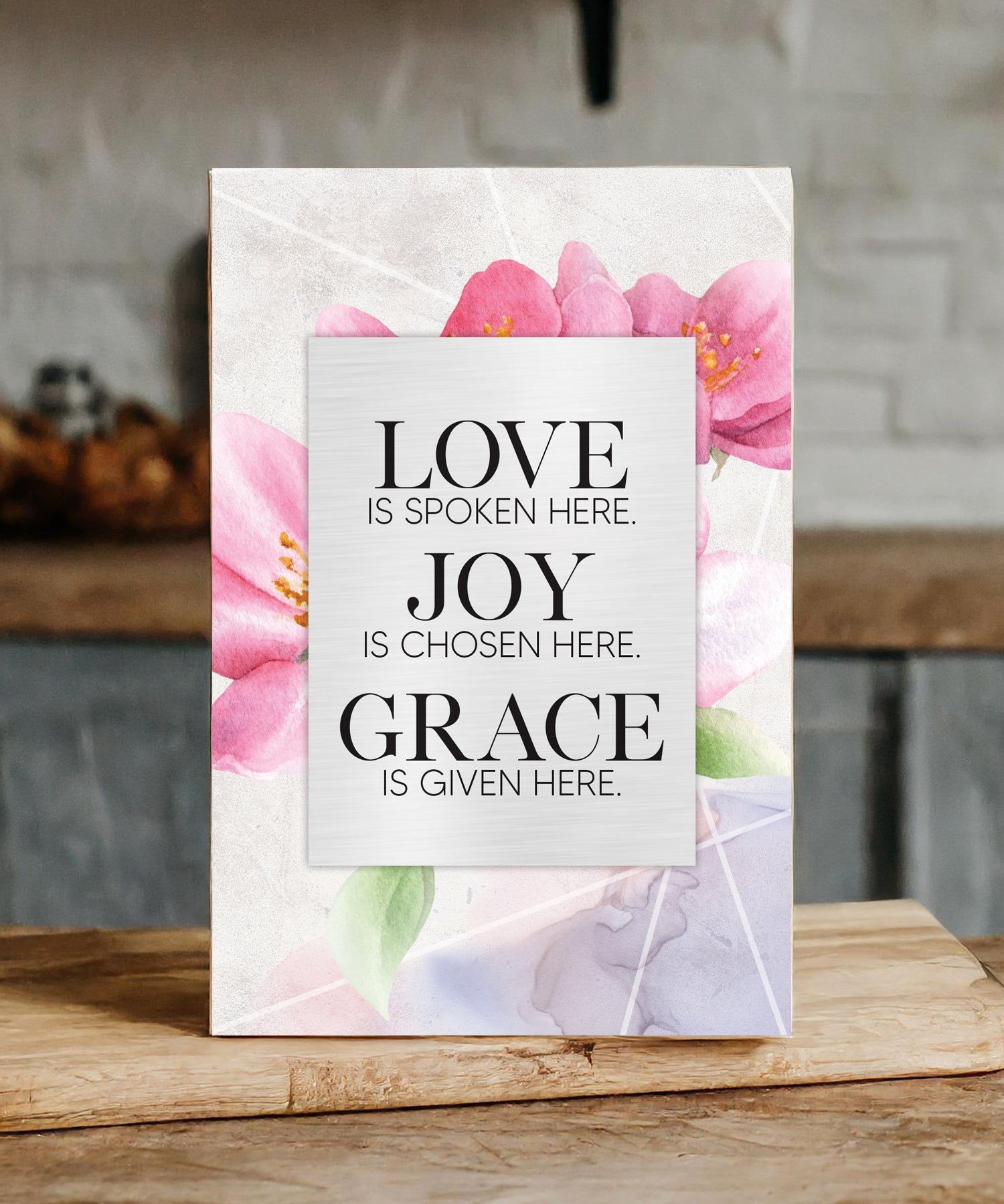 Love Is Spoken 6x9 MDF Plaque with watercolor artwork, silver edge, and inspirational verse
