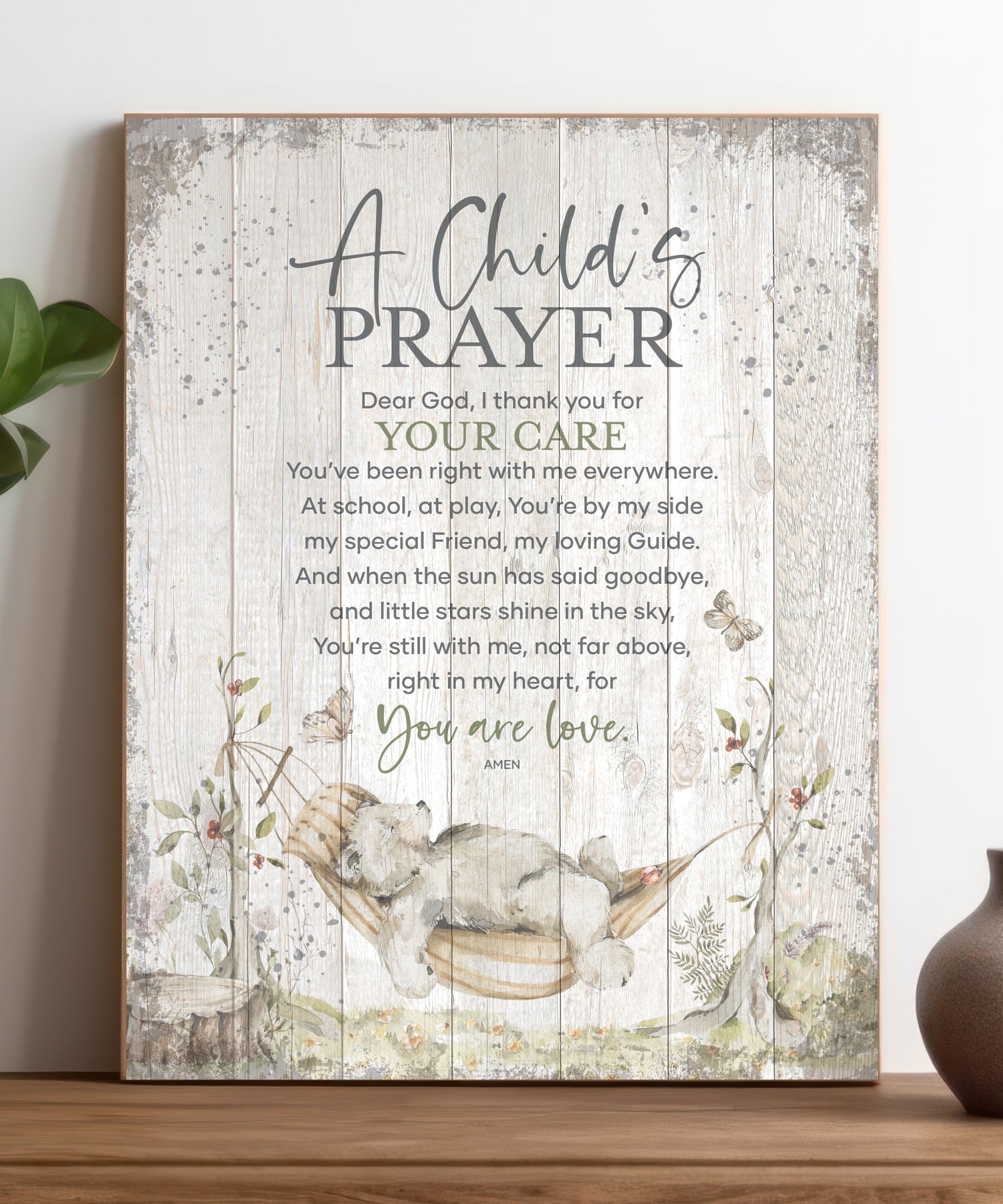 A Child’s Prayer 11x15 MDF Statement Board has an inspiring sentiment and a reclaimed wood look in farmhouse style.