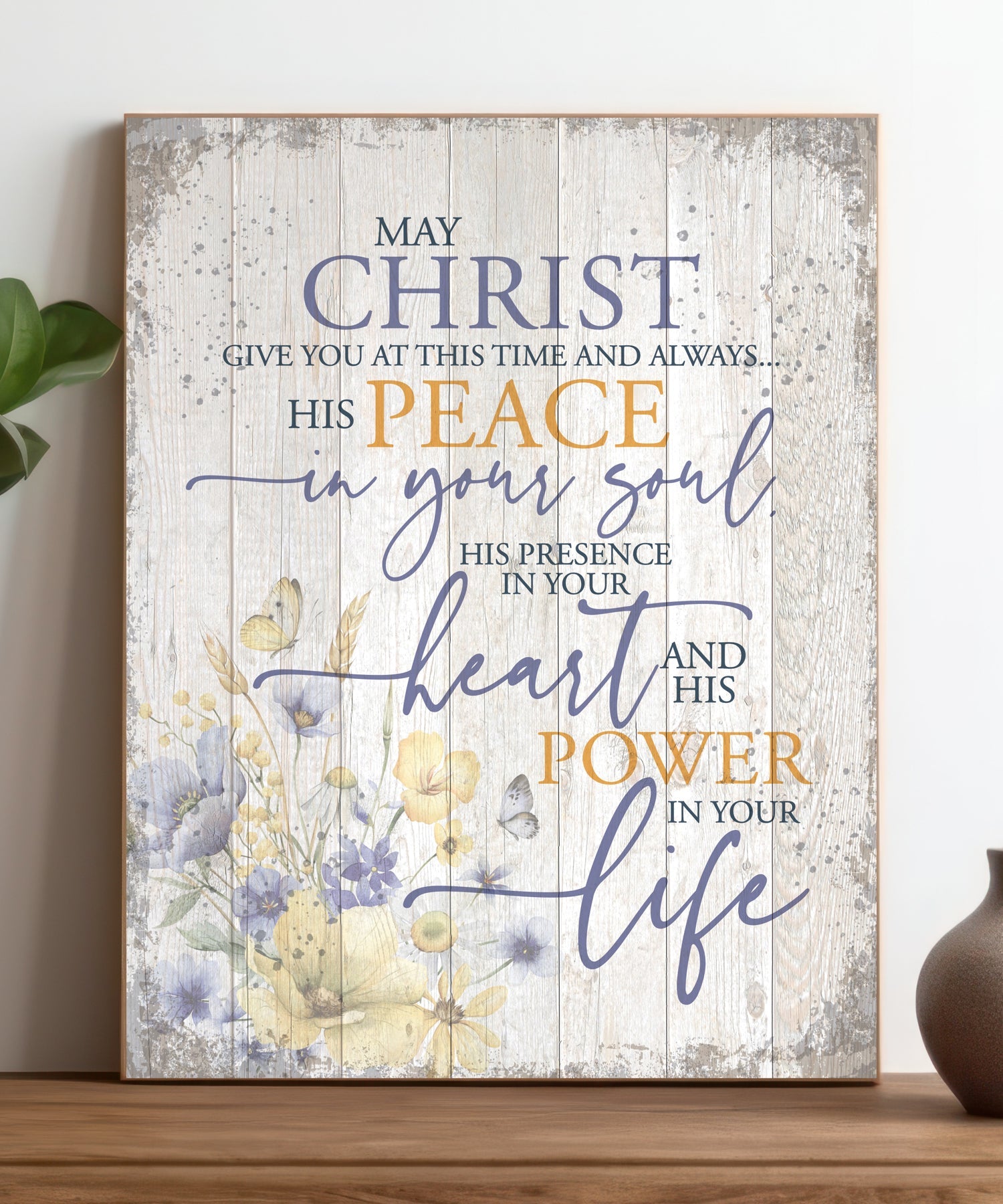 May Christ 11x15 MDF Statement Board has an inspiring sentiment and a reclaimed wood look in farmhouse style.