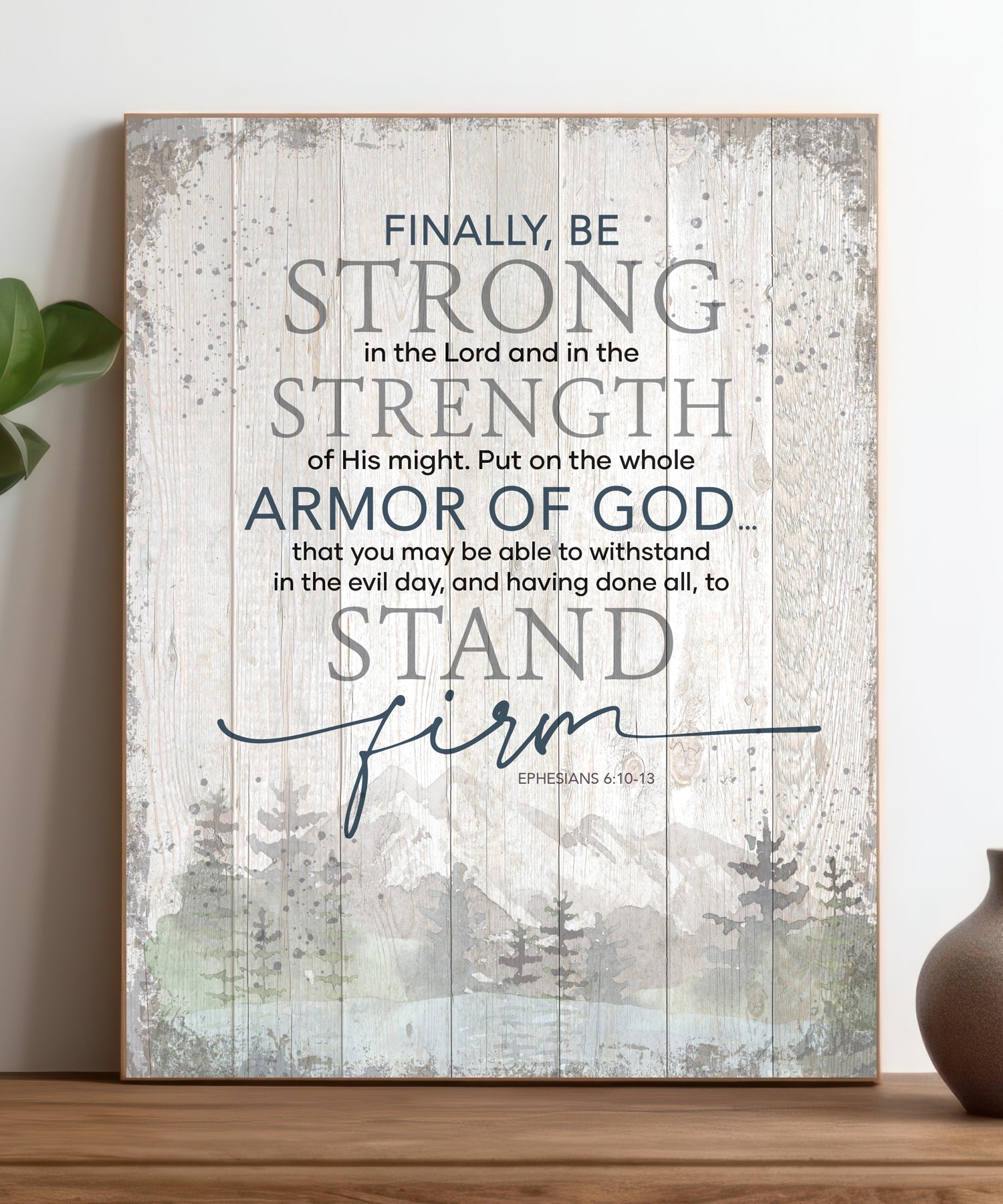 Armor of God 11x15 MDF Statement Board has an inspiring sentiment and a reclaimed wood look in farmhouse style.
