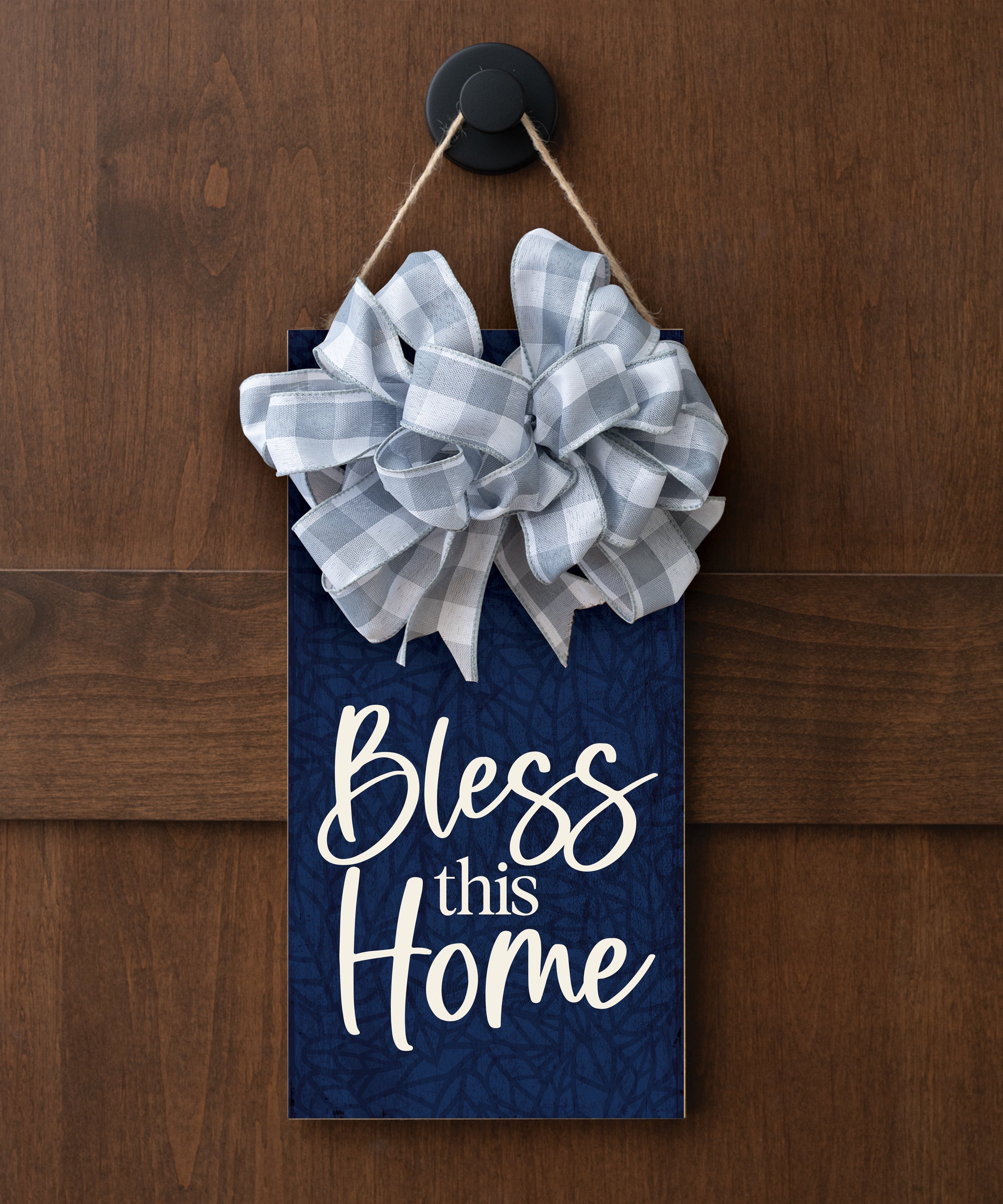 Bless This Home hangable blessing with jute twine cord, fabric bow, and full-color printed verse