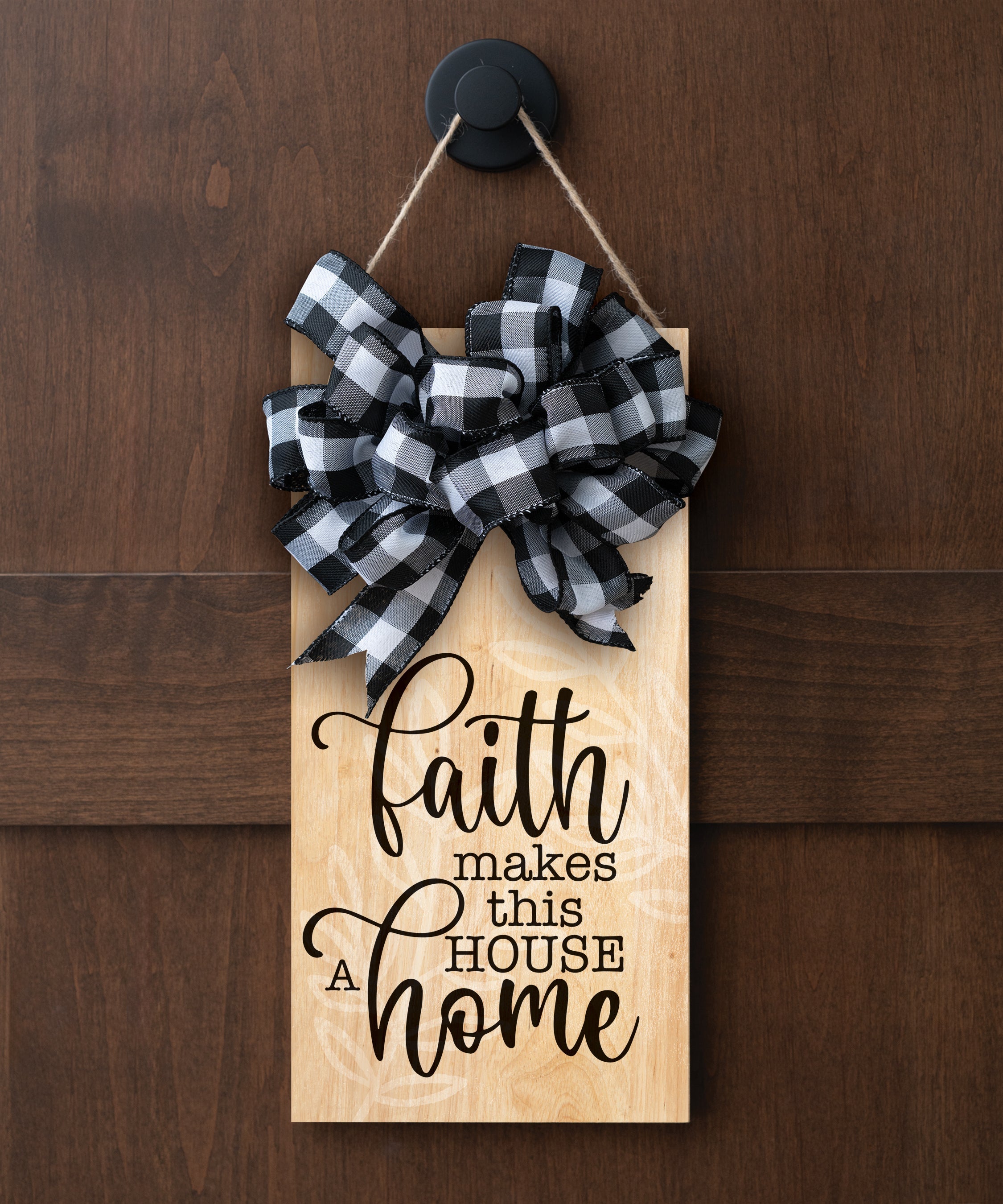 Faith Makes This House a Home hangable blessing with jute twine cord, fabric bow, and full-color printed verse