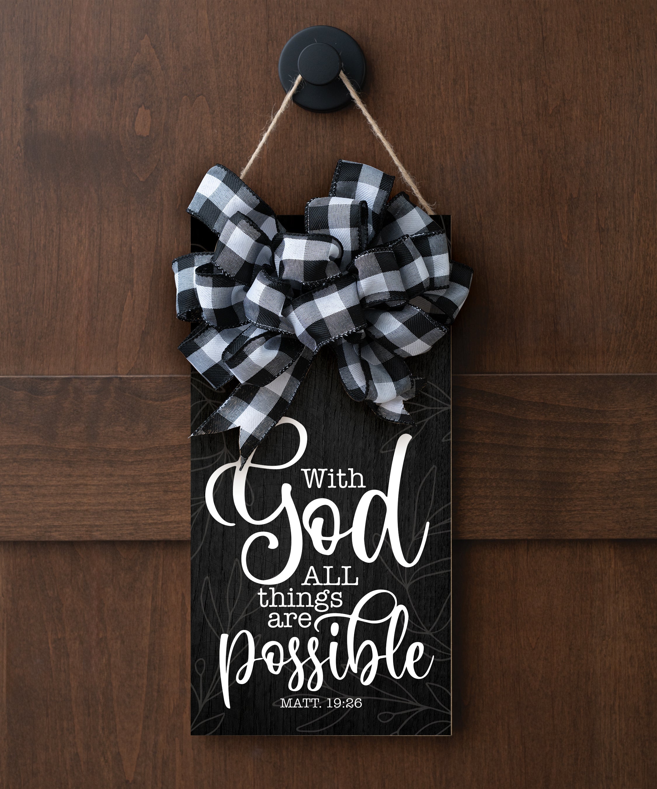 With God All Things Are Possible hangable blessing with jute twine cord, fabric bow, and full-color printed verse