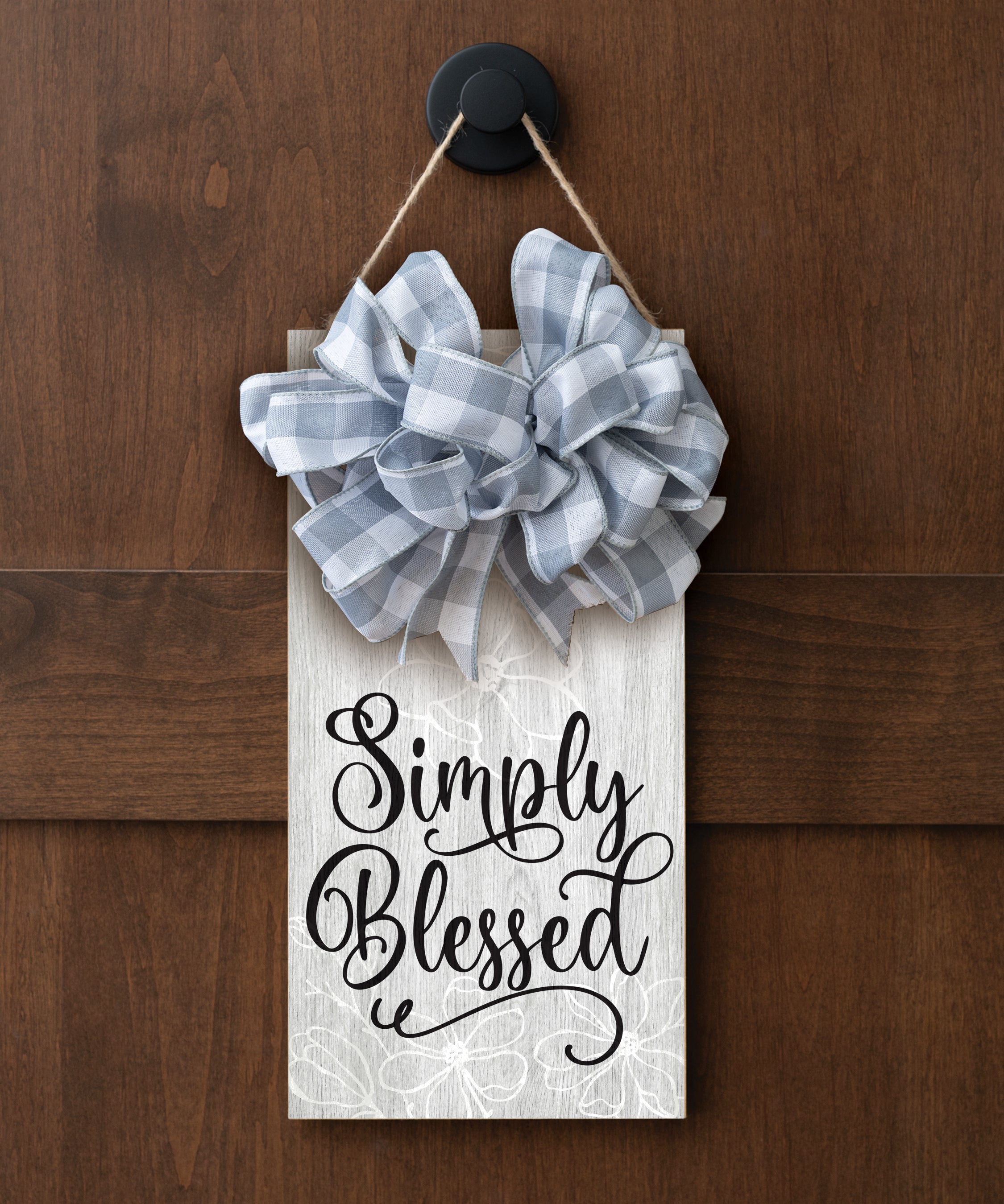 Simply Blessed hangable blessing with jute twine cord, fabric bow, and full-color printed artwork