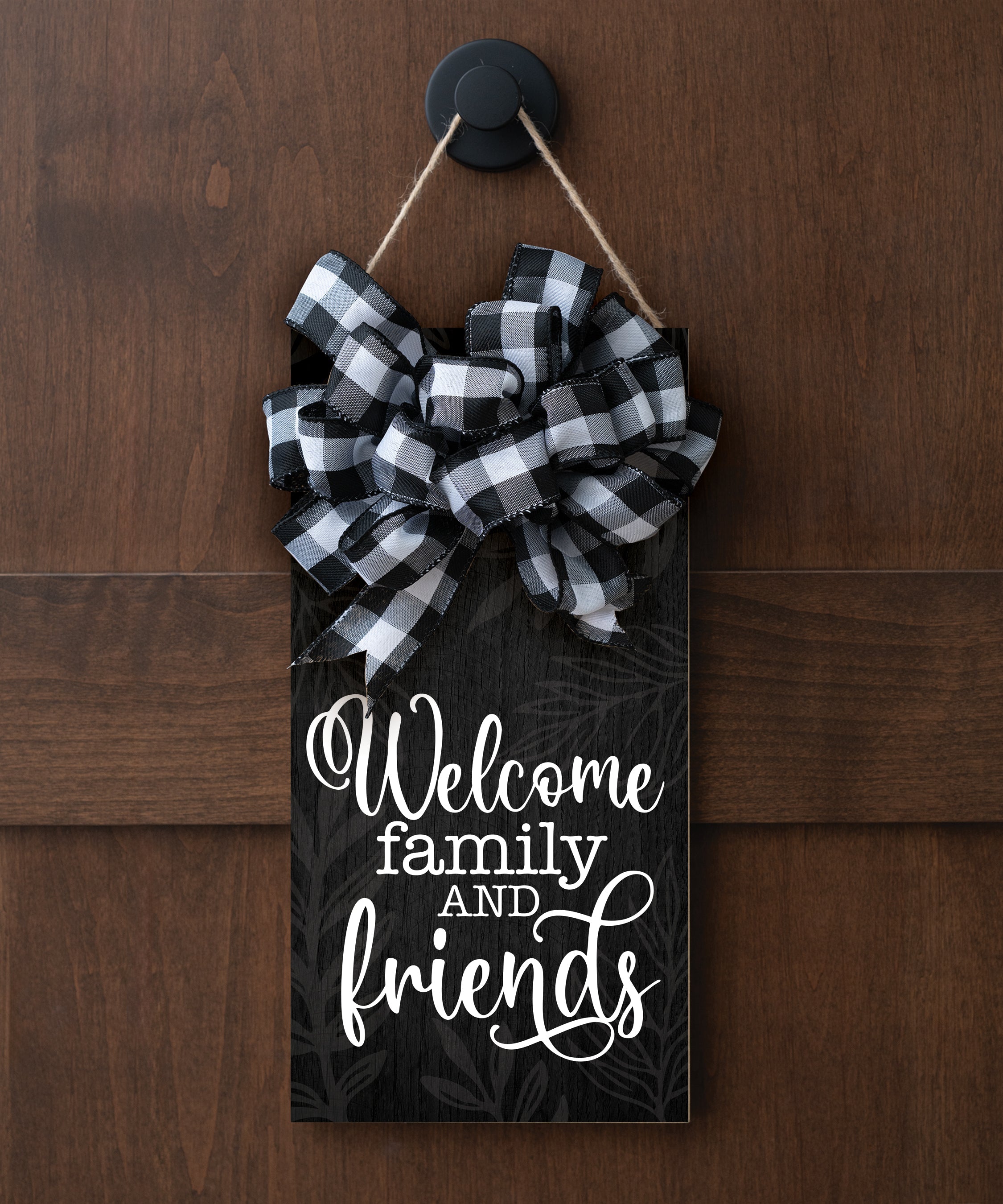 Welcome Friends and Family hangable blessing with jute twine cord, fabric bow, and full-color printed artwork