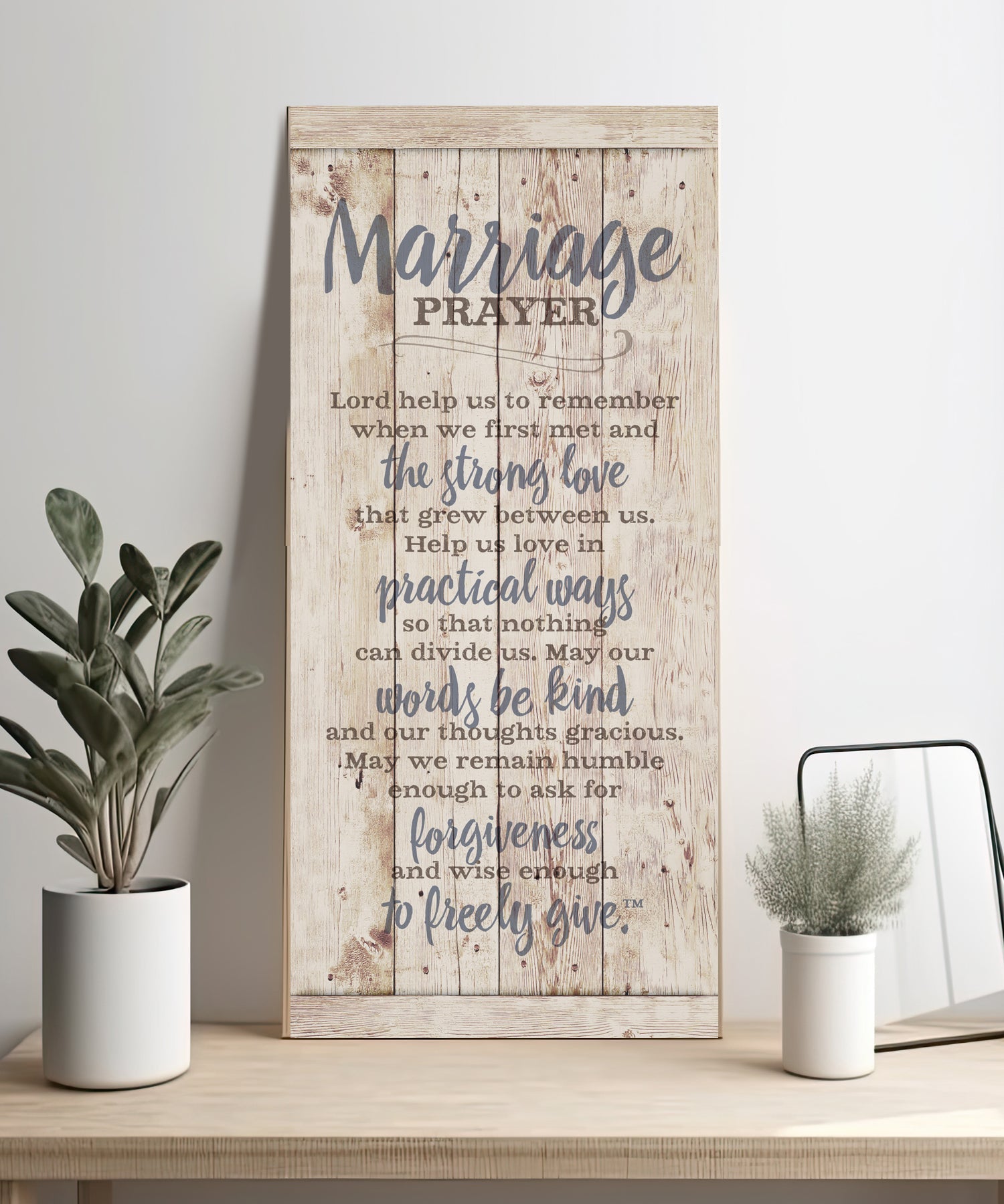 Marriage Prayer 5x12 MDF Statement Board - Rustic MDF wood with reclaimed wood look, silver edge, and inspirational verse of the Lord's Prayer.
