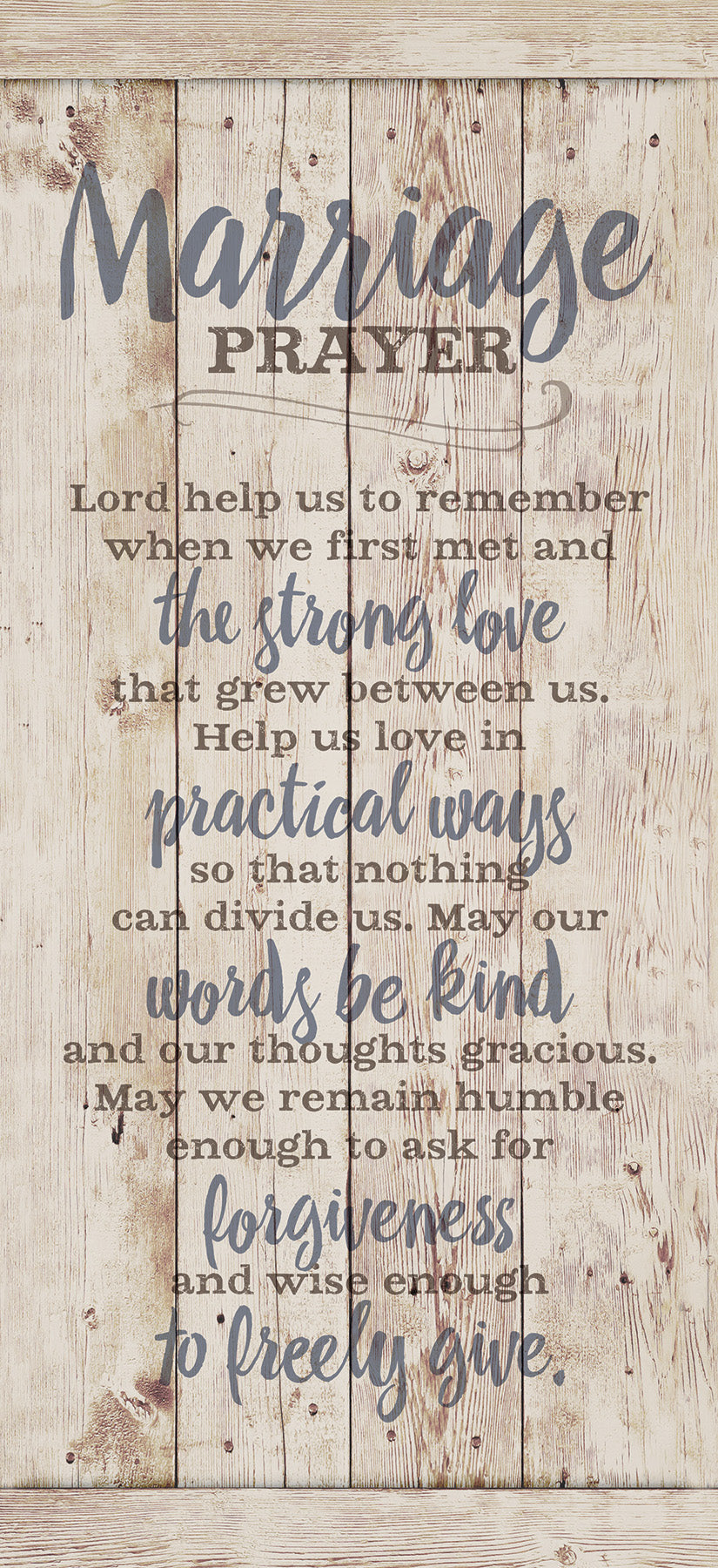 Marriage Prayer 5x12 MDF Statement Board - Rustic MDF wood with reclaimed wood look, silver edge, and inspirational verse of the Lord's Prayer.