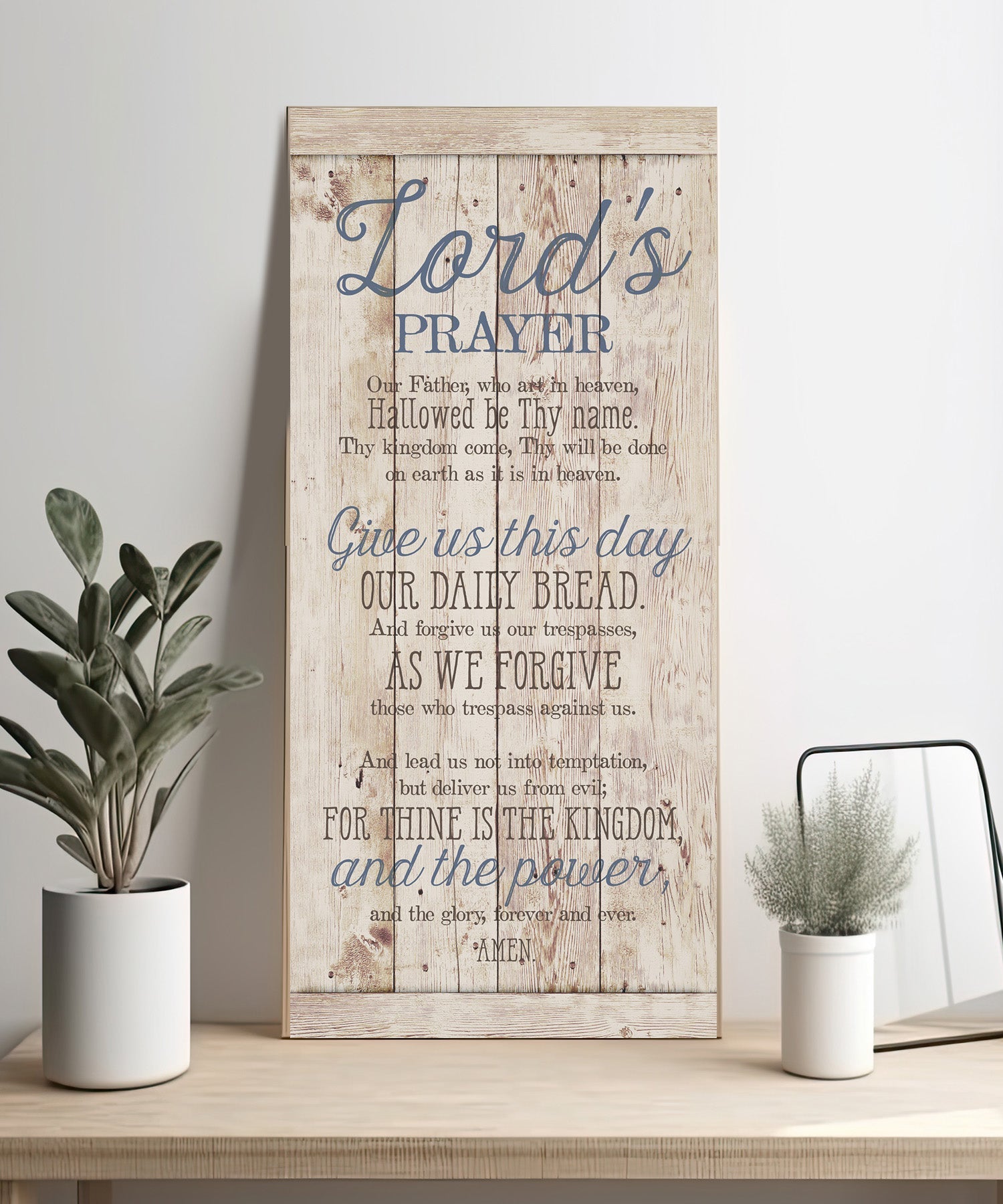 Lord’s Prayer 5x12 MDF Statement Board - Rustic MDF wood with reclaimed wood look, silver edge, and inspirational verse of the Lord's Prayer.