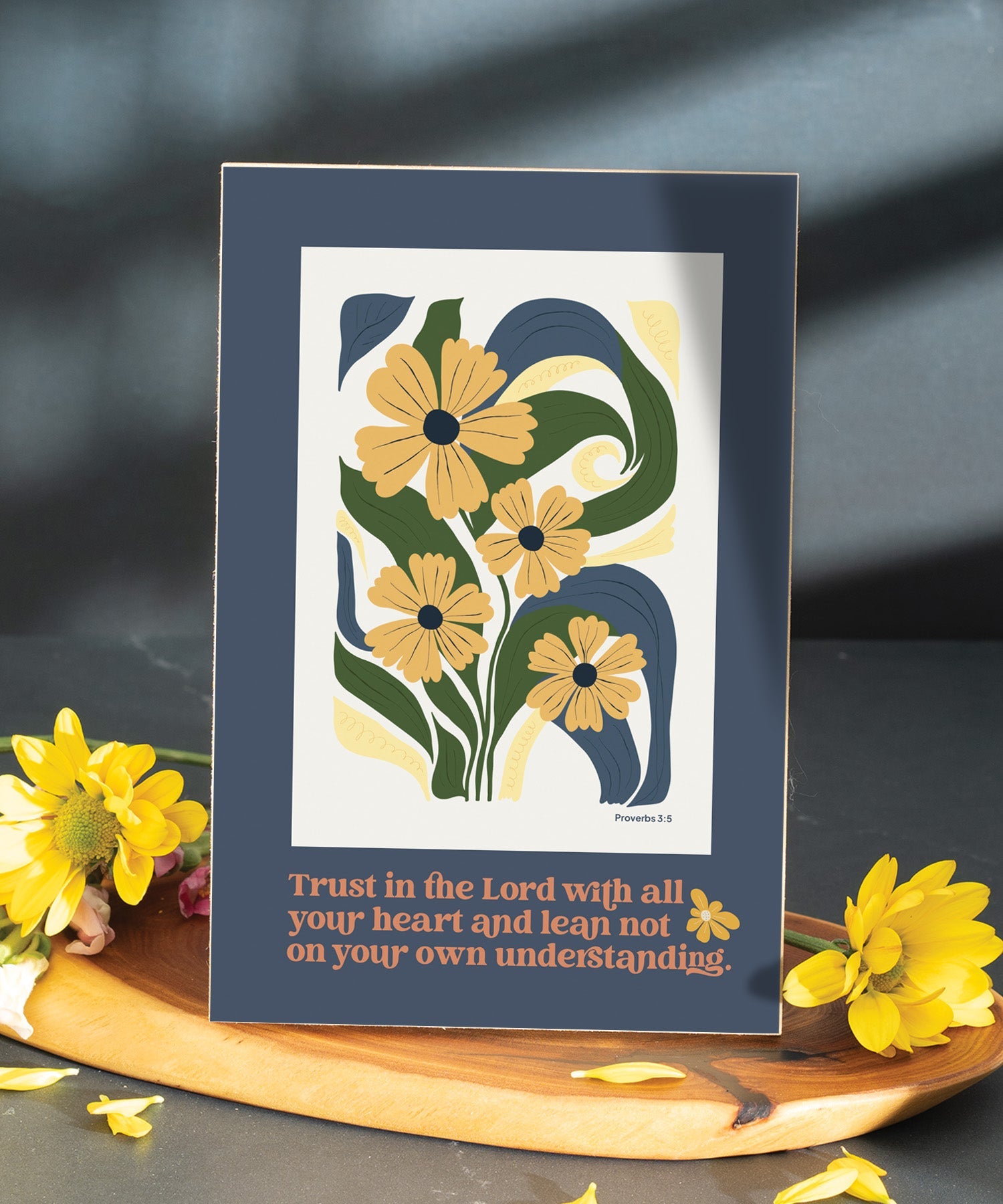Trust in the Lord 6x9 MDF plaque with Proverbs 3:5 scripture verse, modern-retro artwork, natural edge, easel back, and inspirational faith decor