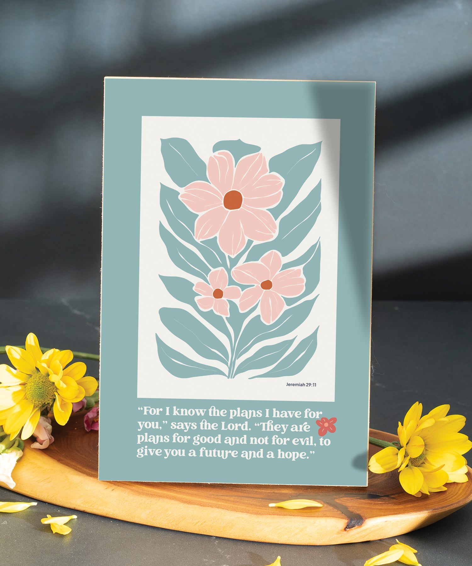 For I Know the Plans 6x9 MDF plaque with Jeremiah 29:11 scripture verse, modern-retro artwork, natural edge, easel back, and inspirational faith decor