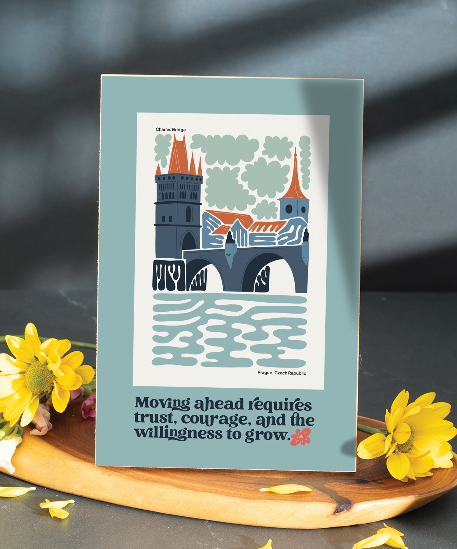 Moving Ahead 6x9 MDF Plaque with modern-retro design, easel back, and artwork of the Charles Bridge.