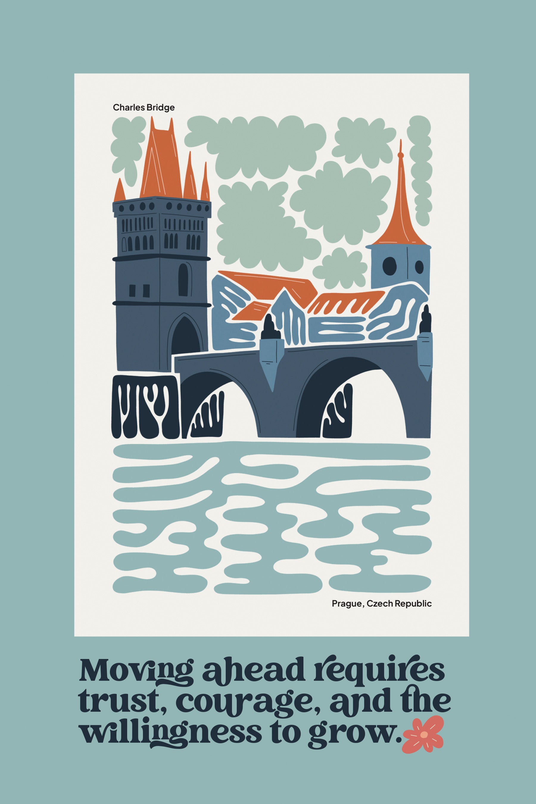 Moving Ahead 6x9 MDF Plaque with modern-retro design, easel back, and artwork of the Charles Bridge.