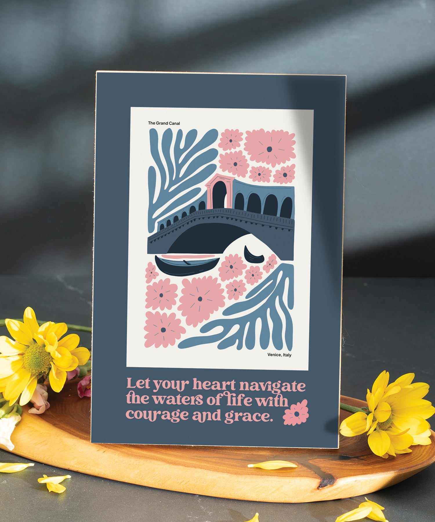 Let Your Heart Navigate 6x9 MDF plaque with inspirational encouragement message, modern-retro artwork, natural edge, easel back, and motivational home decor