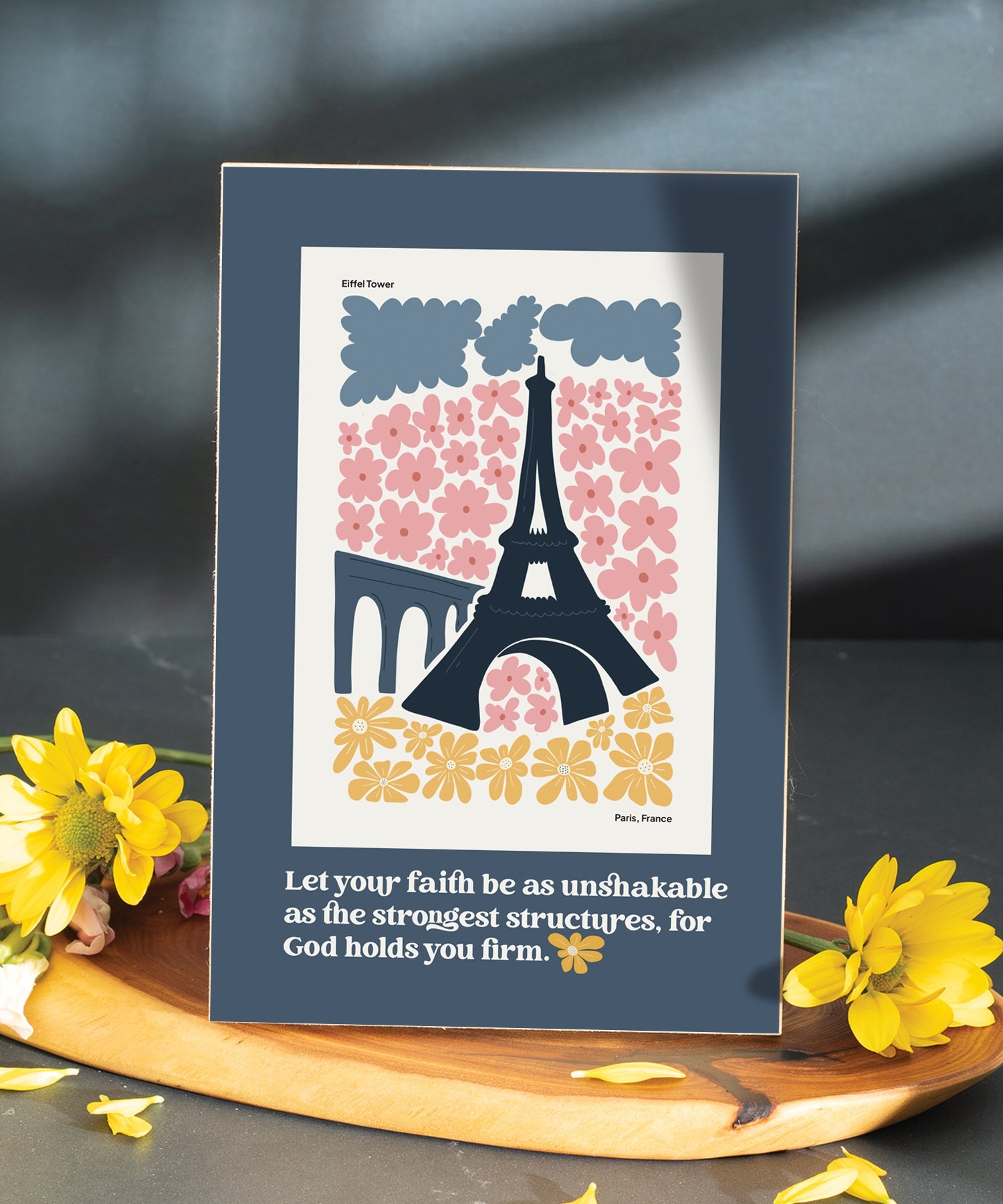 Let Your Faith 6x9 MDF Plaque with modern-retro design, easel back, and artwork of the Eiffel Tower.