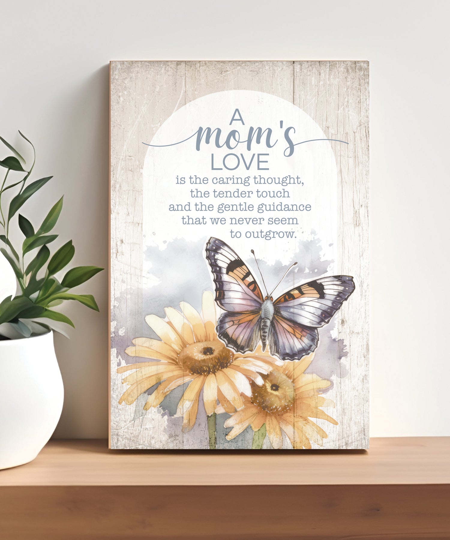 A Mom’s Love 4x6 MDF Plaque with Inspirational Message in Farmhouse-Style Hues and Natural Wood Edge