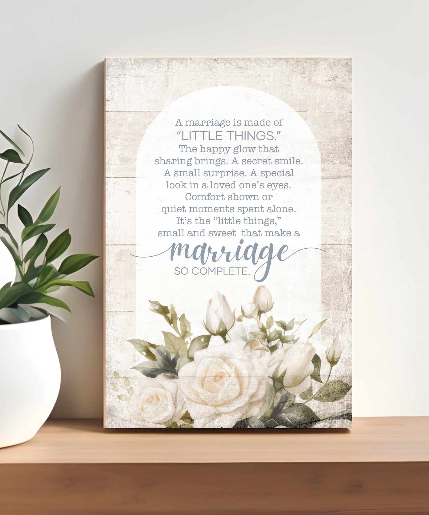 A Marriage 4x6 MDF Plaque with Inspirational Message in Farmhouse-Style Hues and Natural Wood Edge