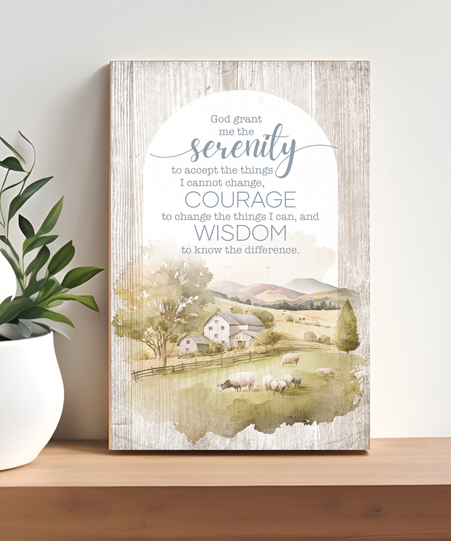 Serenity Prayer 4x6 MDF Plaque with Inspirational Message in Farmhouse-Style Hues and Natural Wood Edge