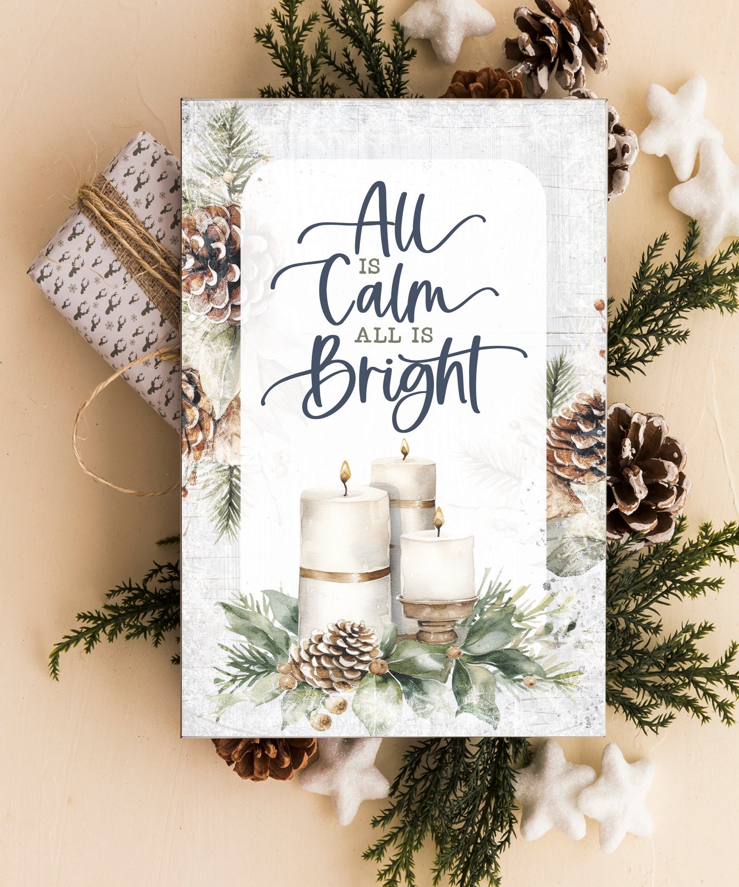 All Is Calm 4x6 MDF Christmas plaque with holiday message and farmhouse-style design
