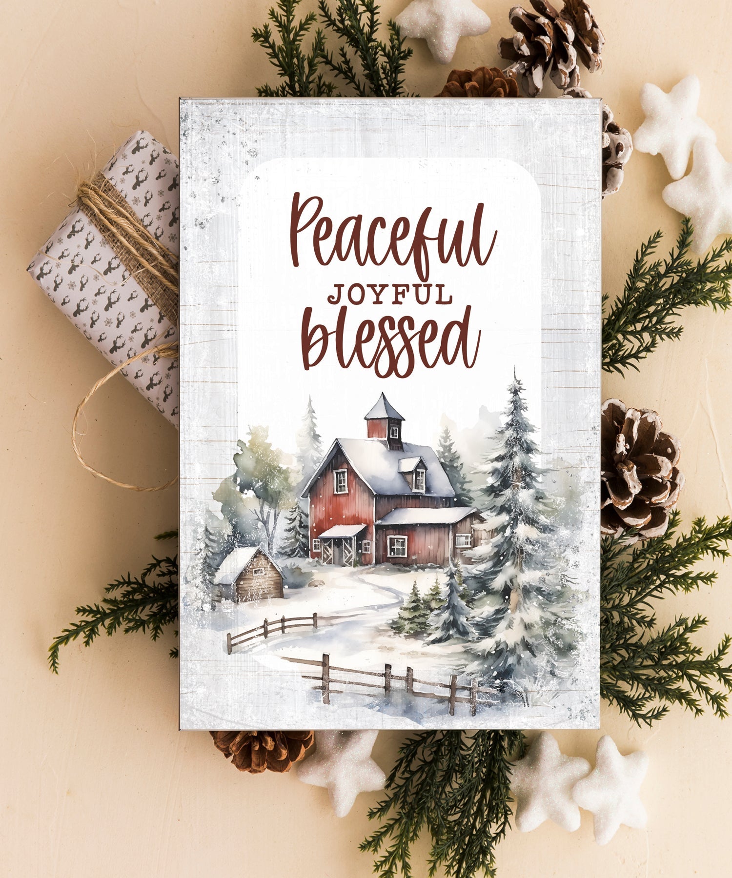Peaceful Joyful Blessed 4x6 MDF Christmas Plaque, designed in rustic modern style, perfect for holiday decor or gift.