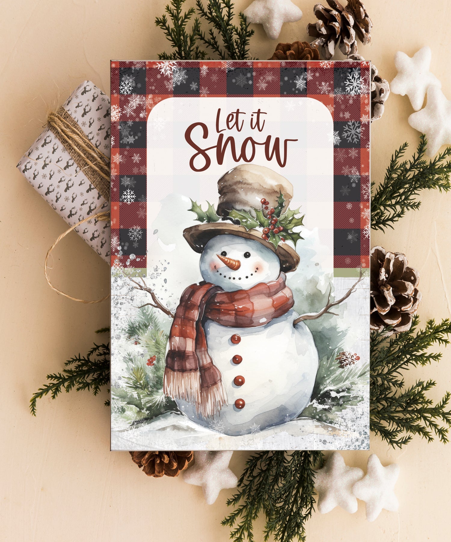 Let It Snow 4x6 MDF Christmas Plaque, designed in rustic modern style, perfect for holiday decor or gift.