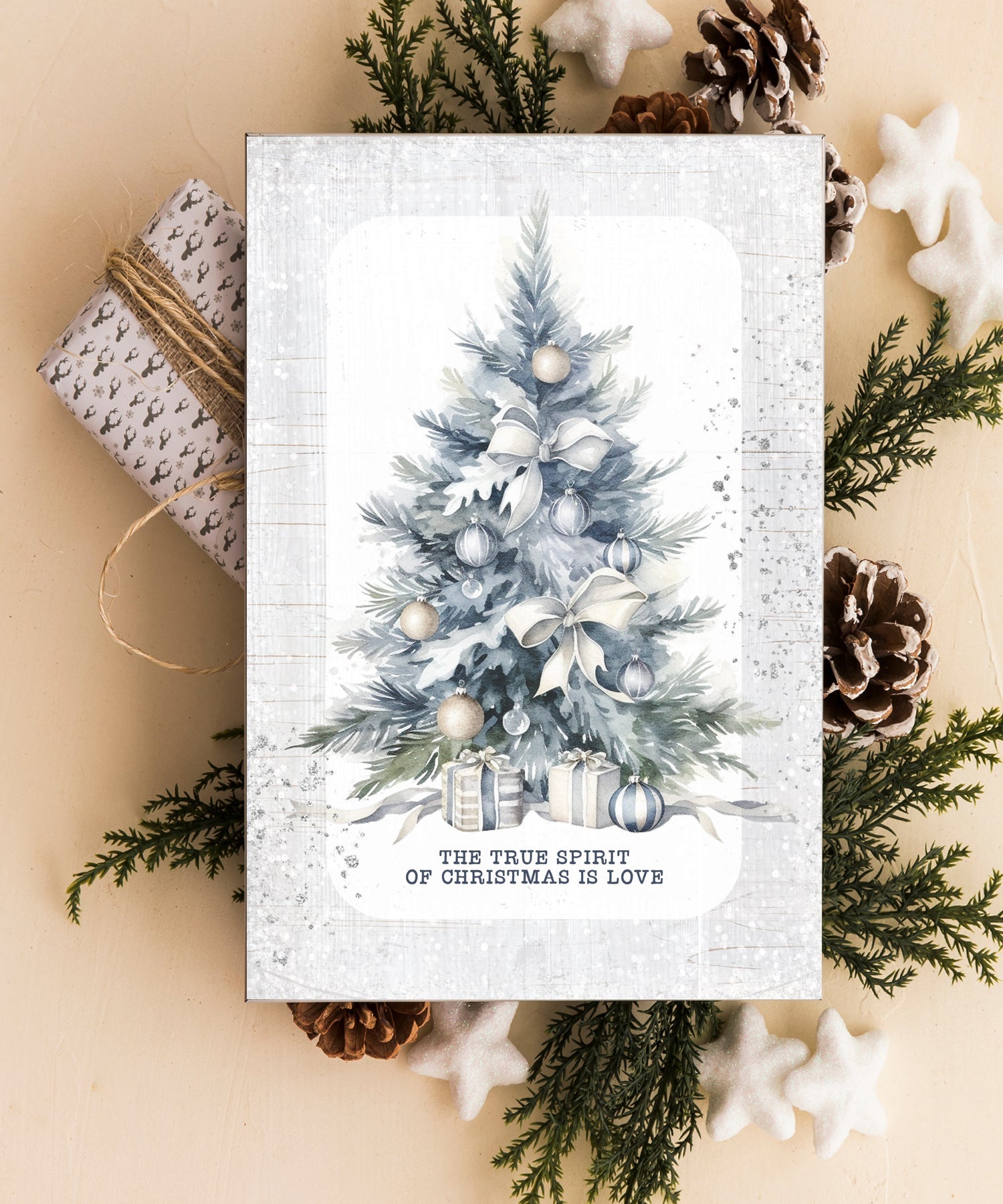 The True Spirit of Christmas 4x6 MDF Christmas plaque with holiday message and farmhouse-style design