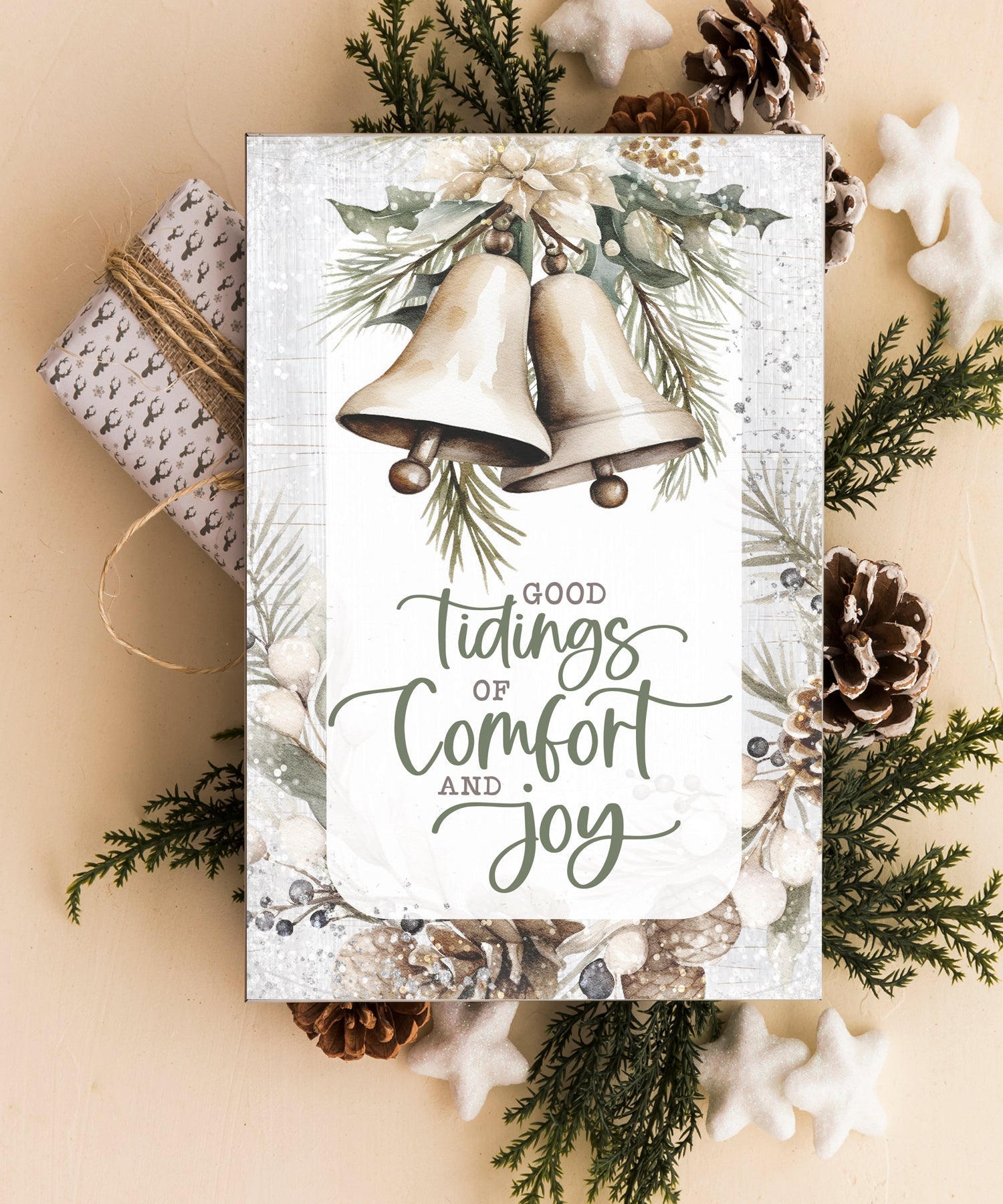 Good Tidings 4x6 MDF Christmas Plaque, designed in rustic modern style, perfect for holiday decor or gift.