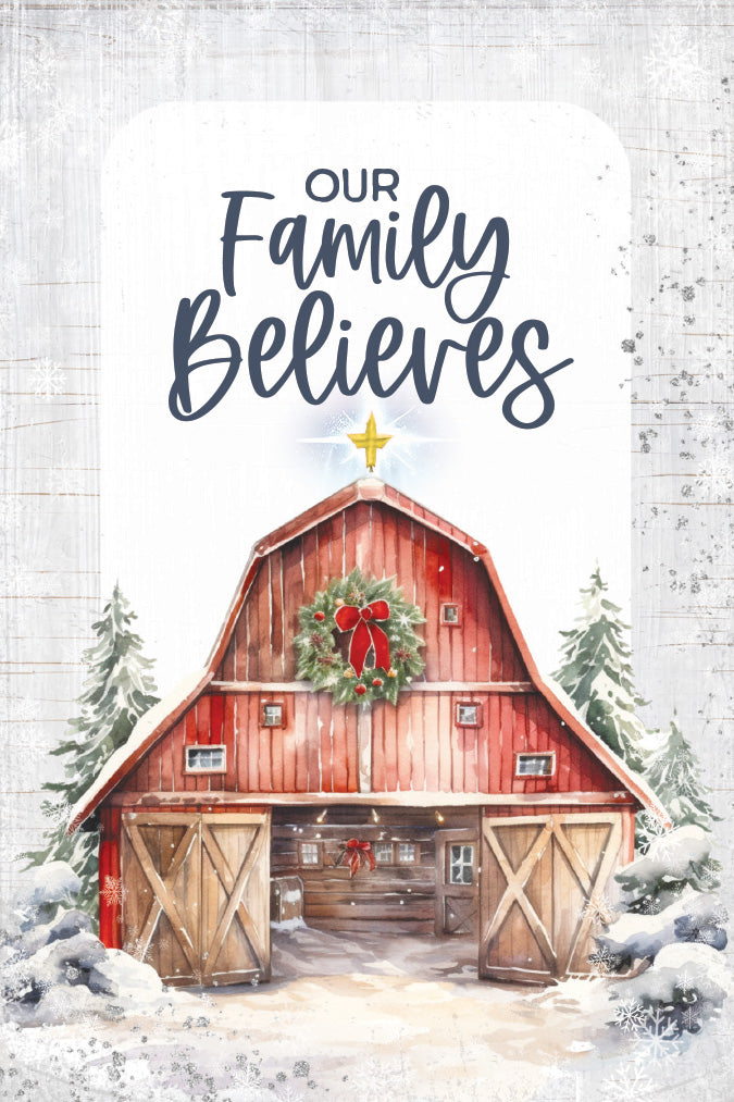 Our Family Believes 4x6 MDF Christmas Plaque, designed in rustic modern style, perfect for holiday decor or gift.