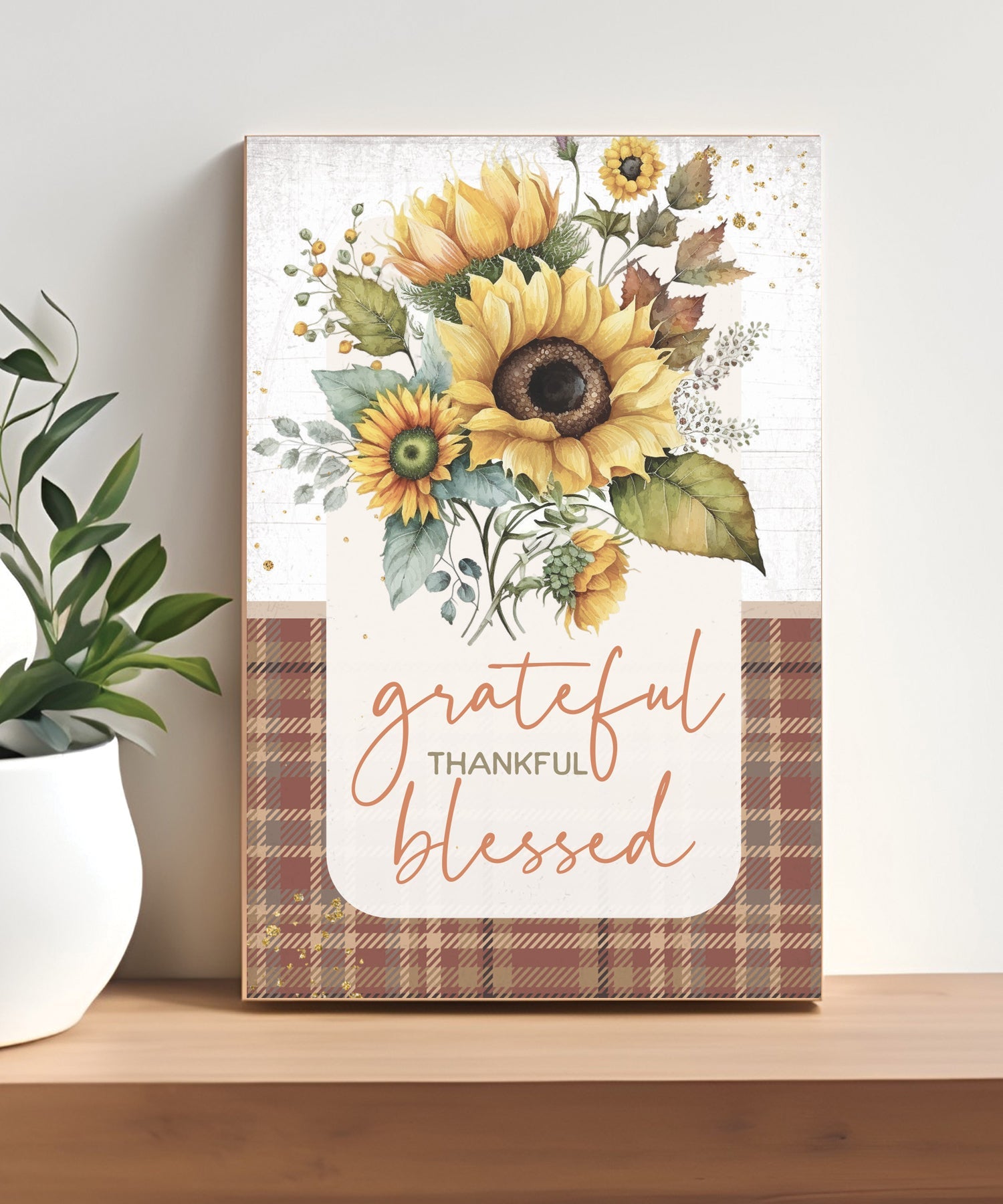 Grateful Thankful 4x6 MDF plaque with gratitude message in warm farmhouse-style fall tones