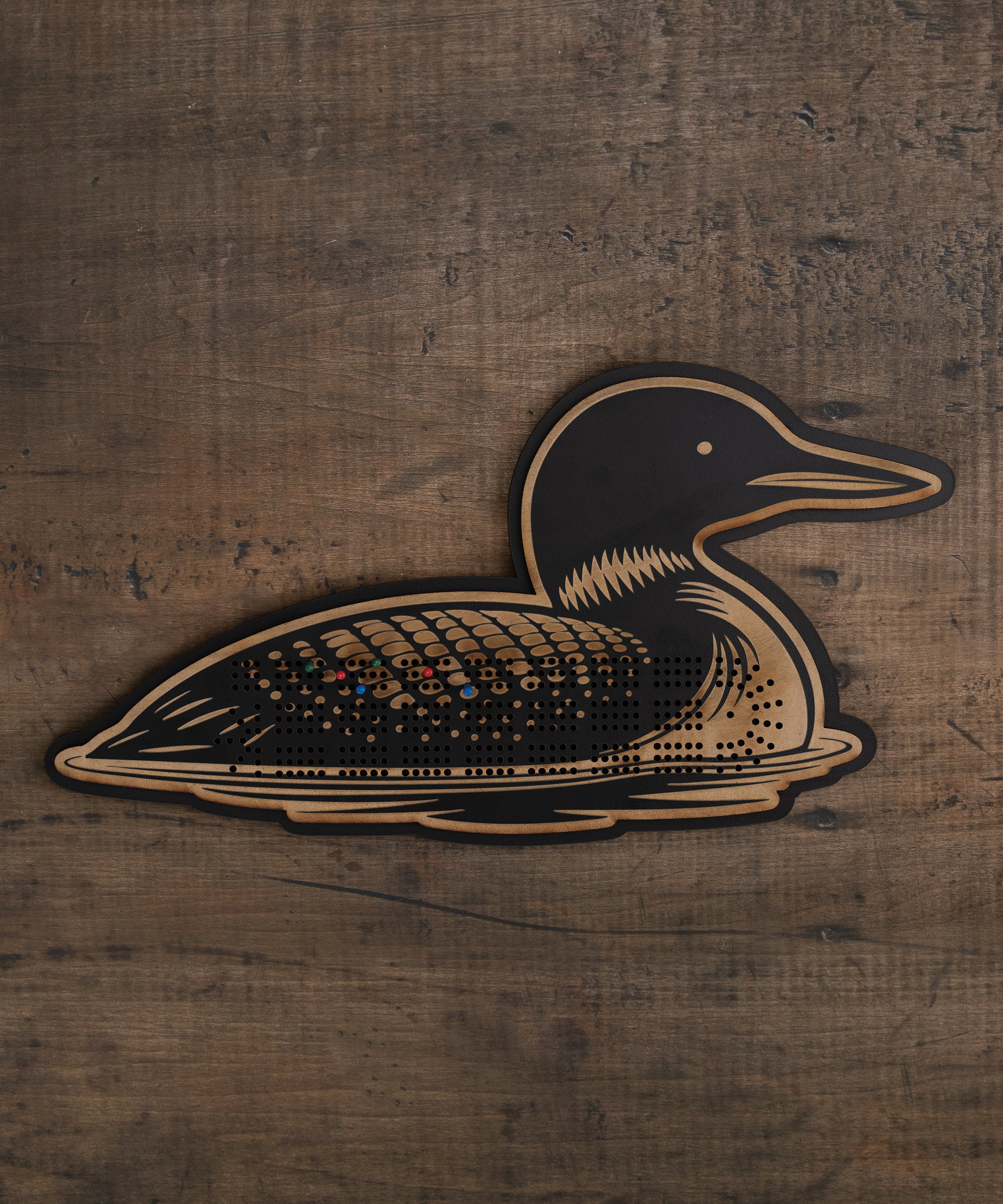 Loon Cribbage Board with full-color artwork and built-in peg storage