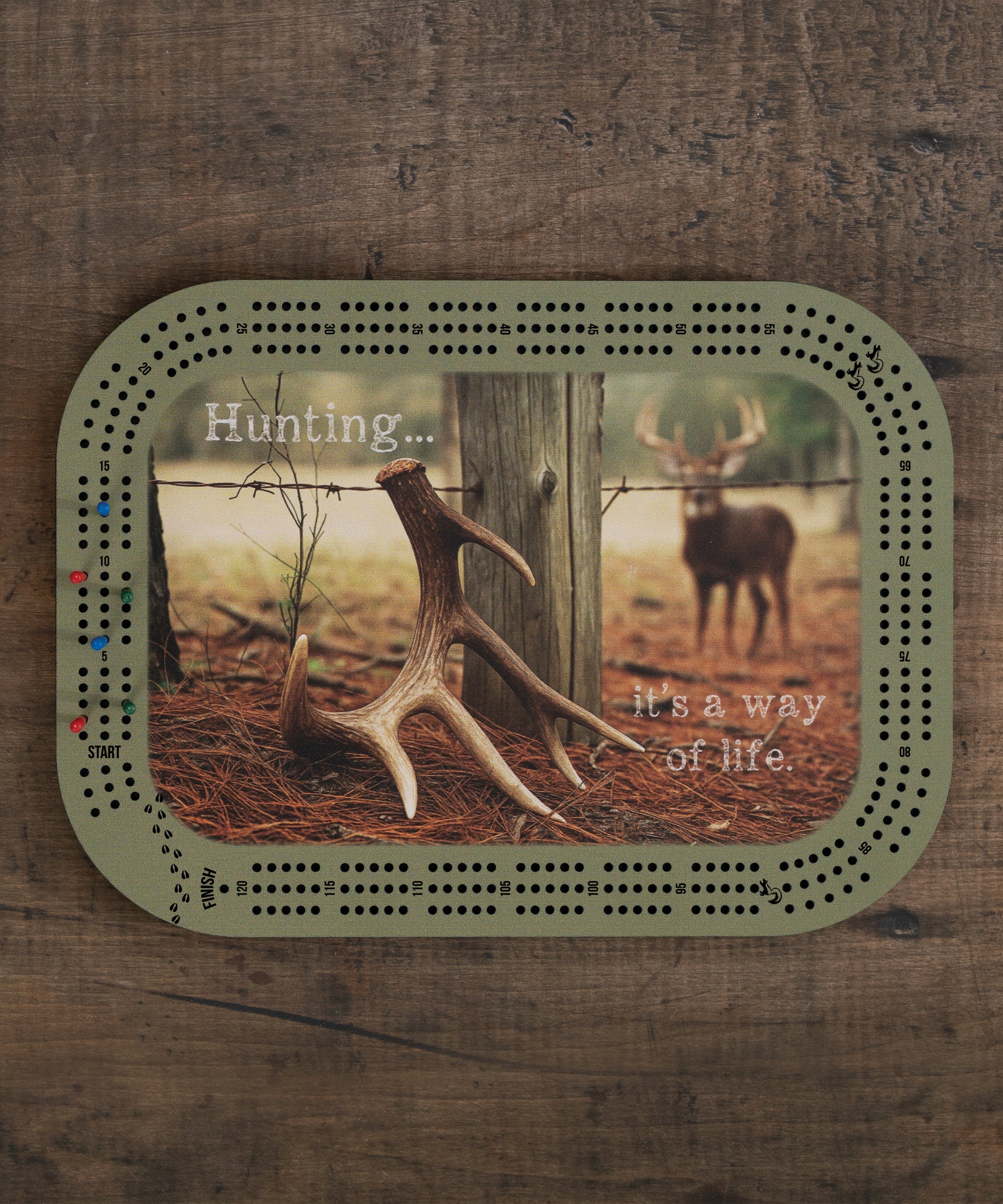 Hunting Cribbage Board with antler and buck design, MDF wood with peg storage – Dexsa