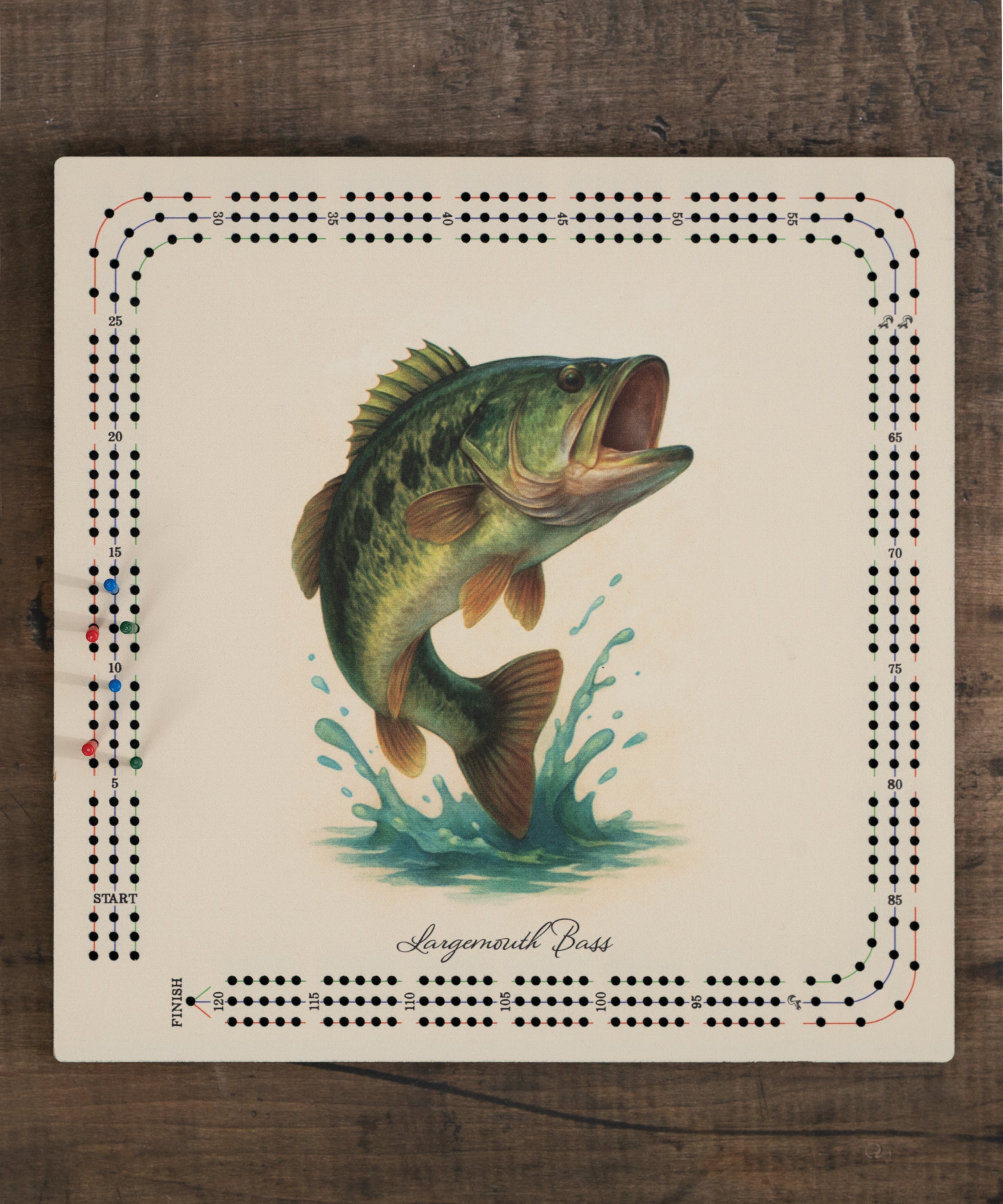 Largemouth Bass cribbage board with detailed fish artwork and built-in peg storage