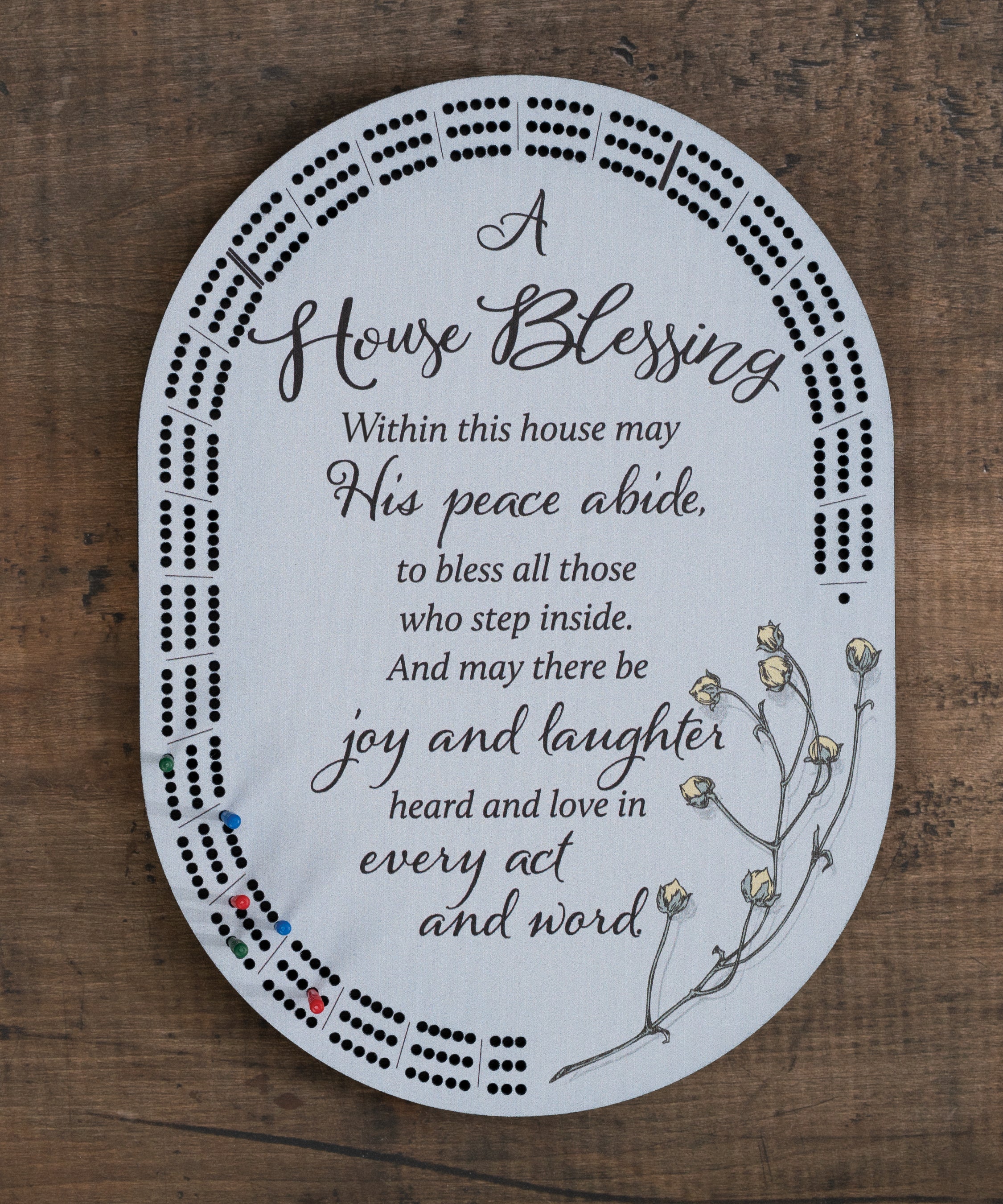 House Blessing cribbage board with inspirational verse, light purple color, floral accents, and built-in peg storage
