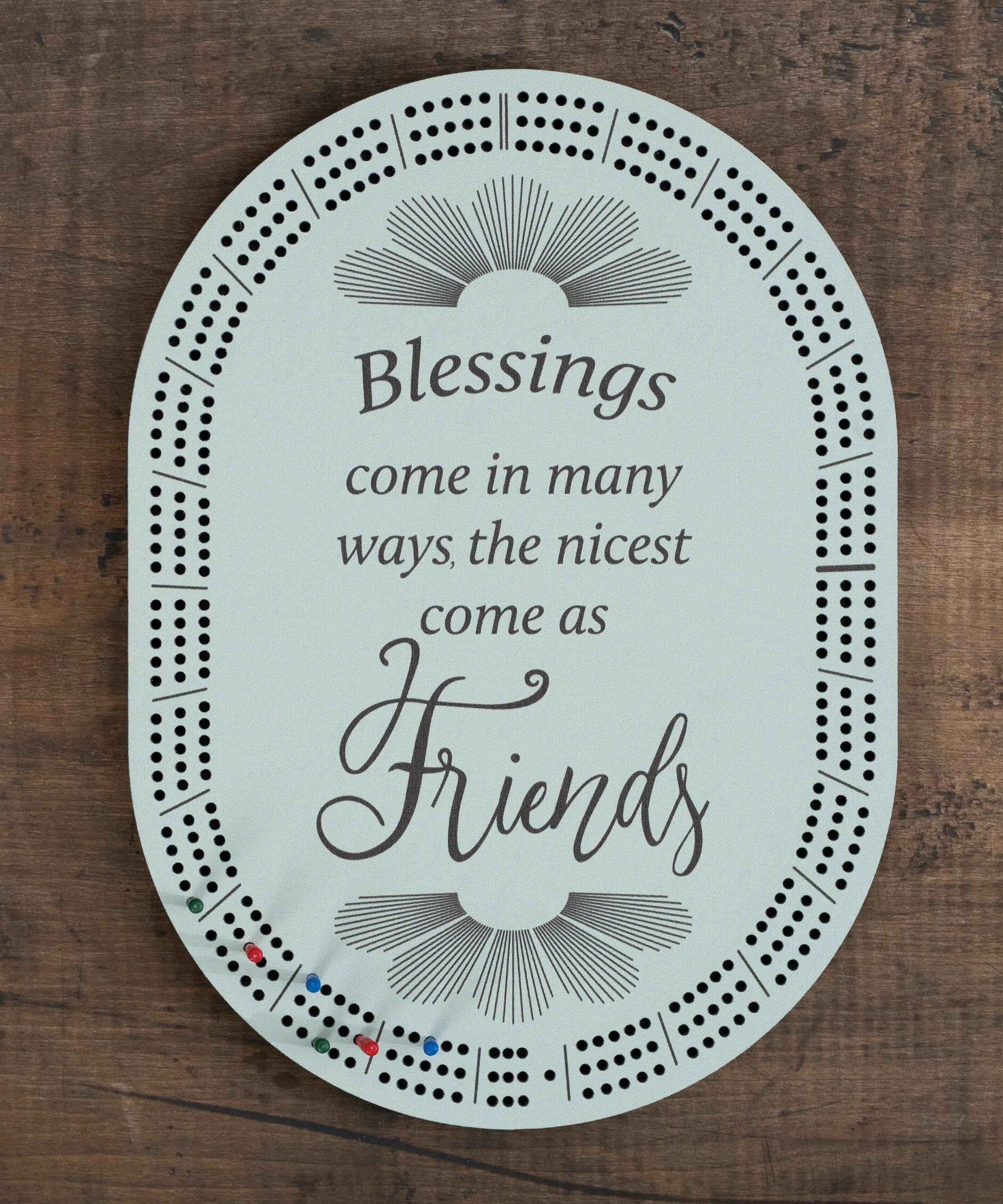 Blessings & Friends cribbage board with inspirational friendship verse and built-in peg storage