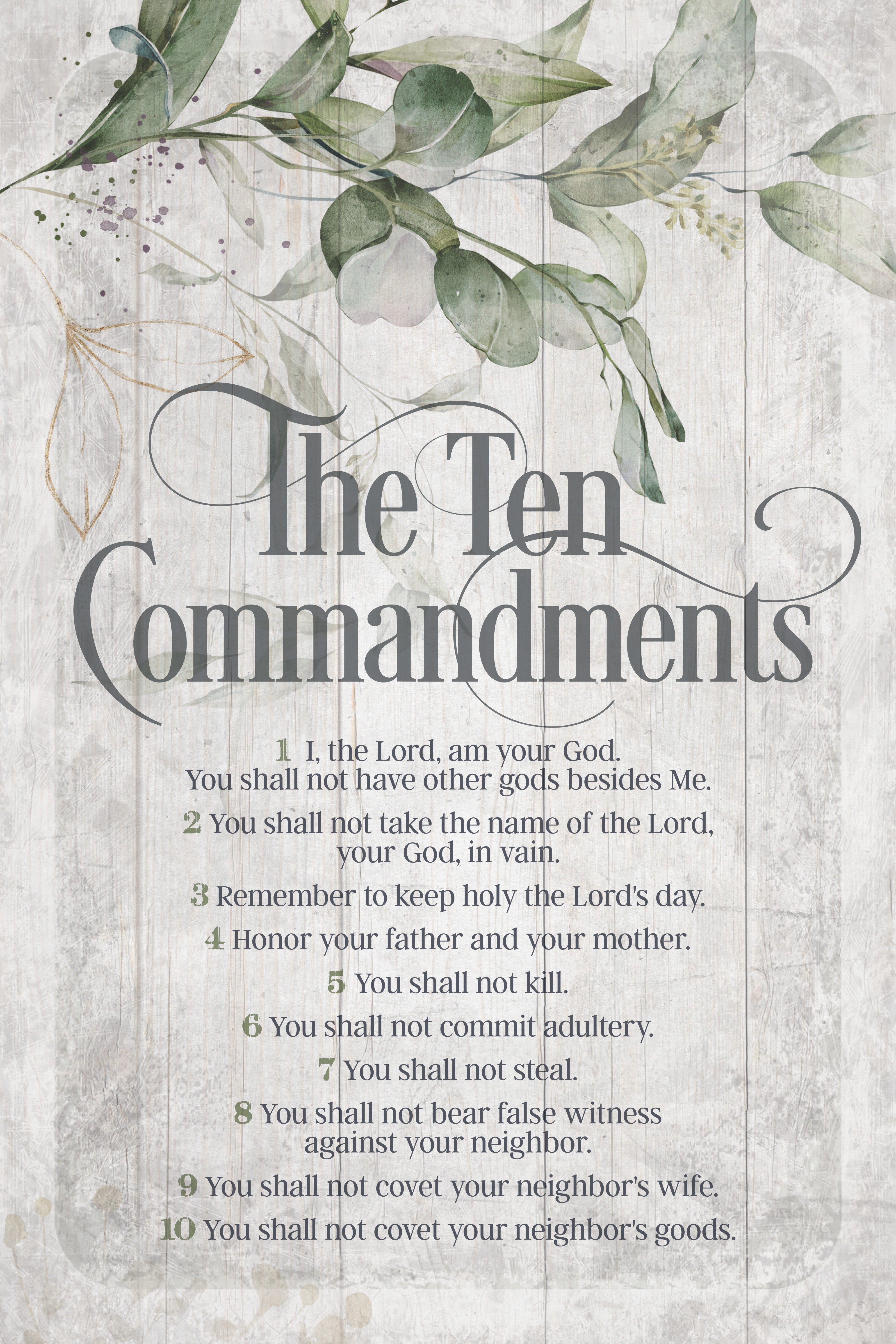 The Ten Commandments 6x9 MDF Plaque has natural edges, muted tones, and an inspirational message reflecting our faith in God. The plaque features full-color printing and a metal hanger and easel back.