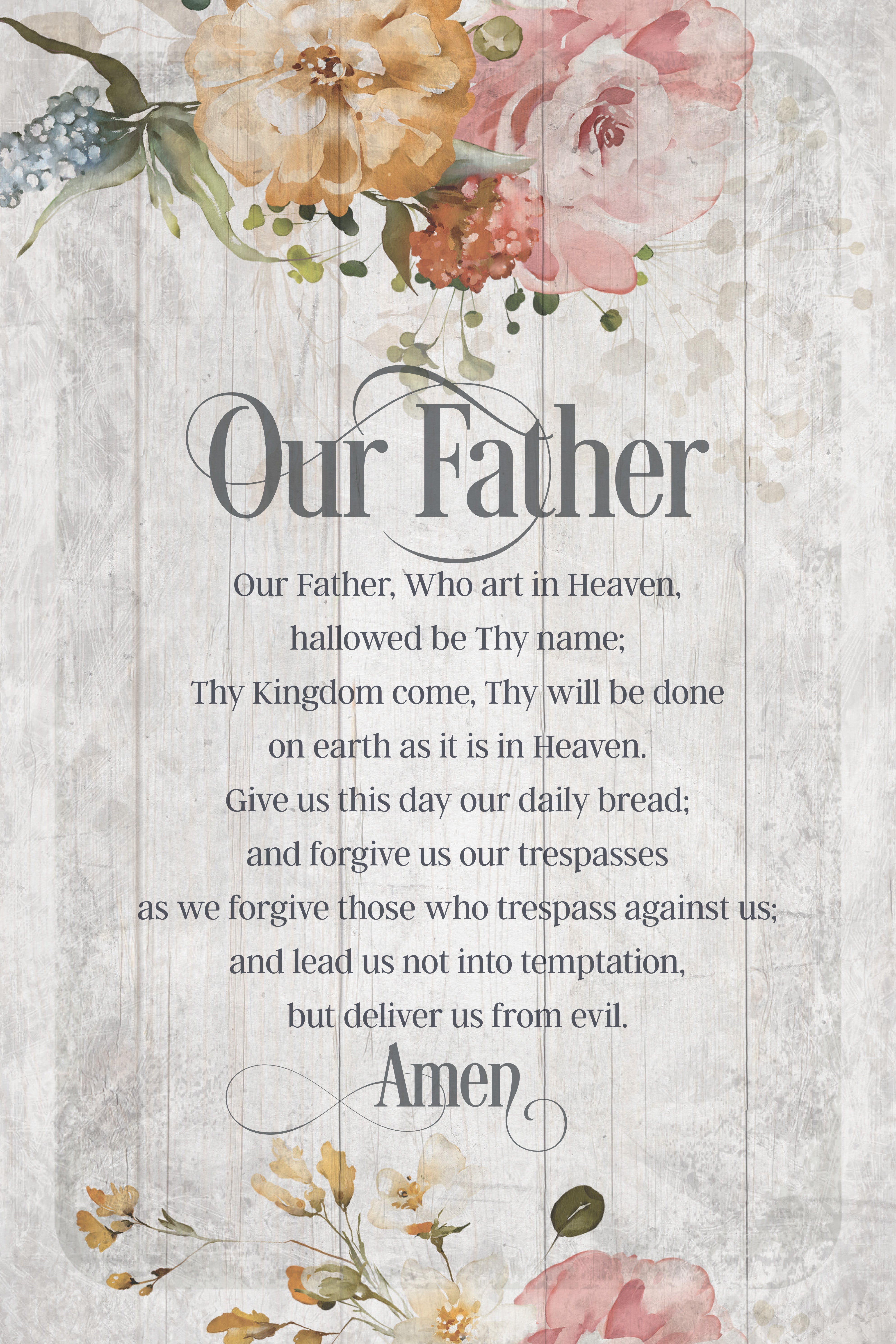Our Father 6x9 MDF Plaque has natural edges, muted tones, and inspirational prayer reflecting our faith in God. The plaque features full-color printing and a metal hanger and easel back.