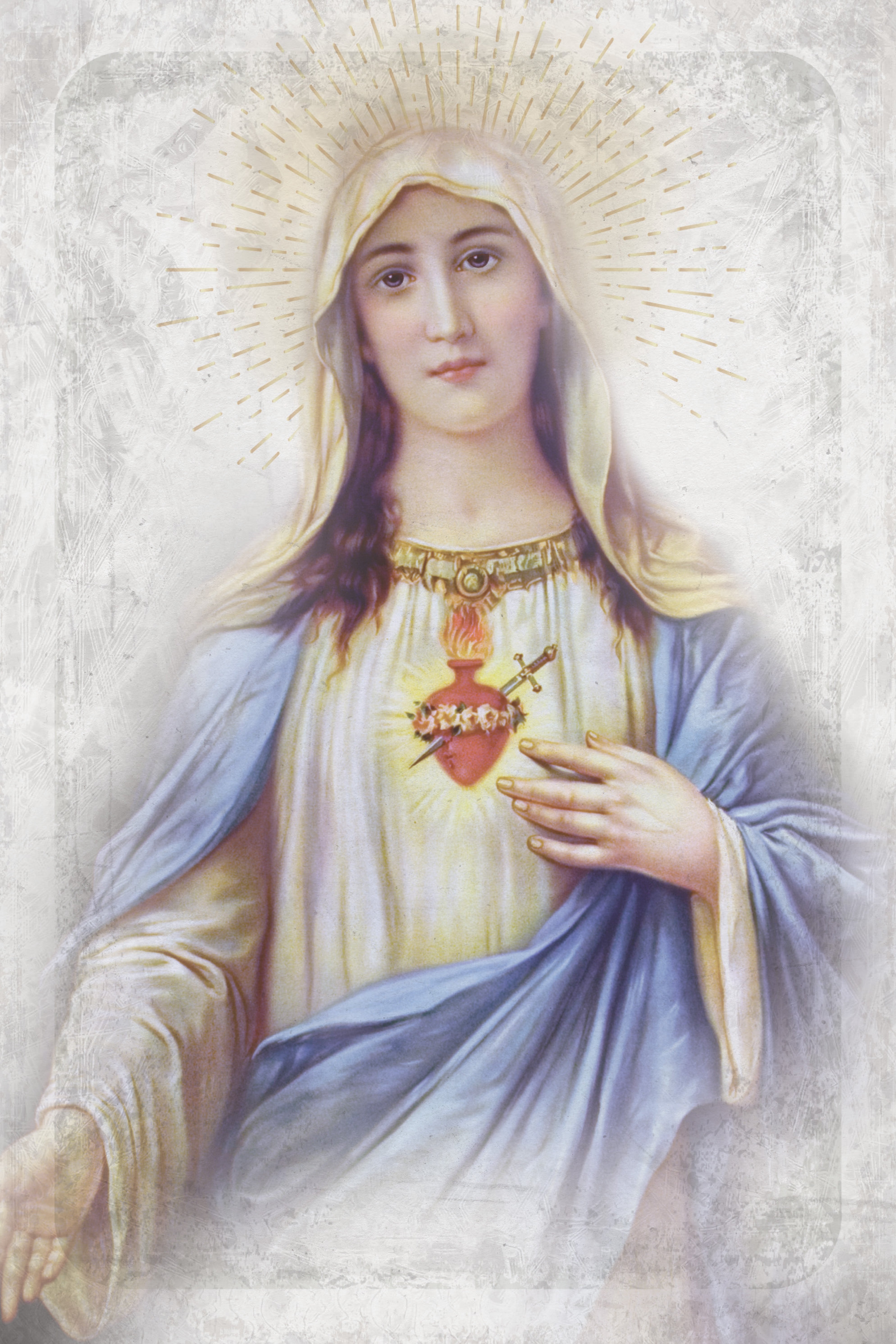 Immaculate Heart 6x9 MDF Plaque has natural edges, muted tones, and inspirational imagery reflecting our faith in God. The plaque features full-color printing and a metal hanger and easel back.