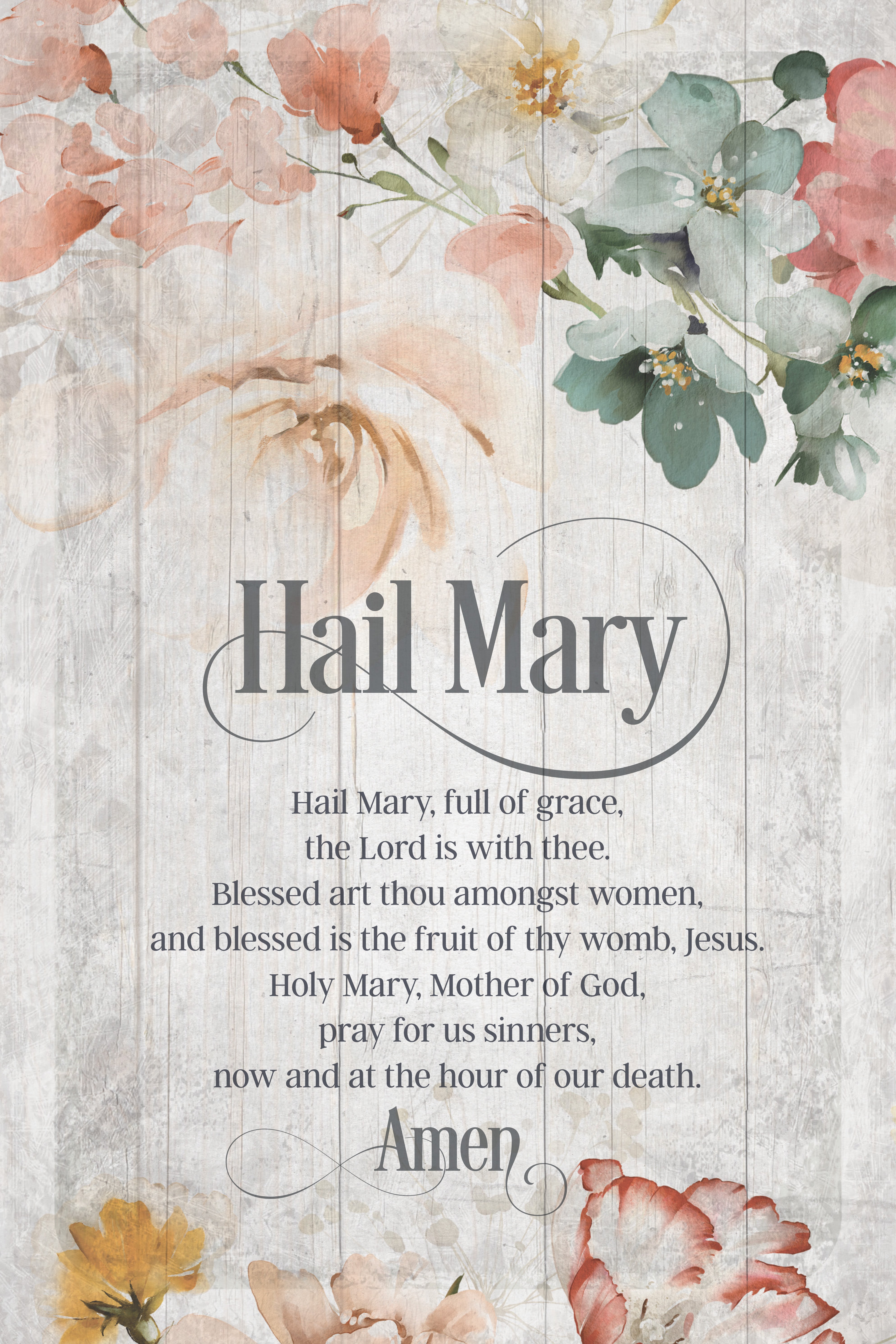 Hail Mary 6x9 MDF Plaque has natural edges, muted tones, and inspirational prayer reflecting our faith in God. The plaque features full-color printing and a metal hanger and easel back.