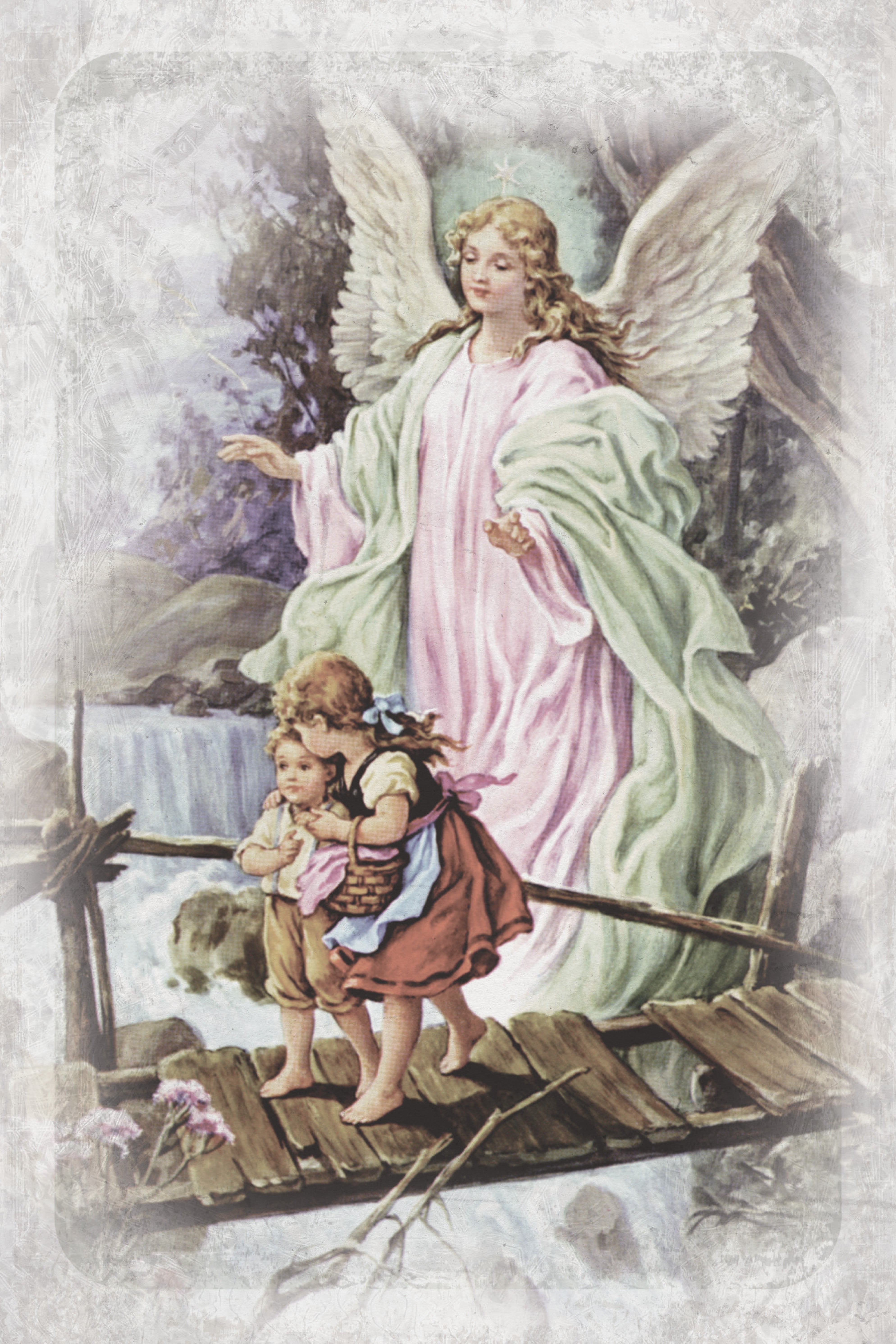 Guardian Angel 6x9 MDF Plaque has natural edges, muted tones, and inspirational imagery reflecting our faith in God. The plaque features full-color printing and a metal hanger and easel back.