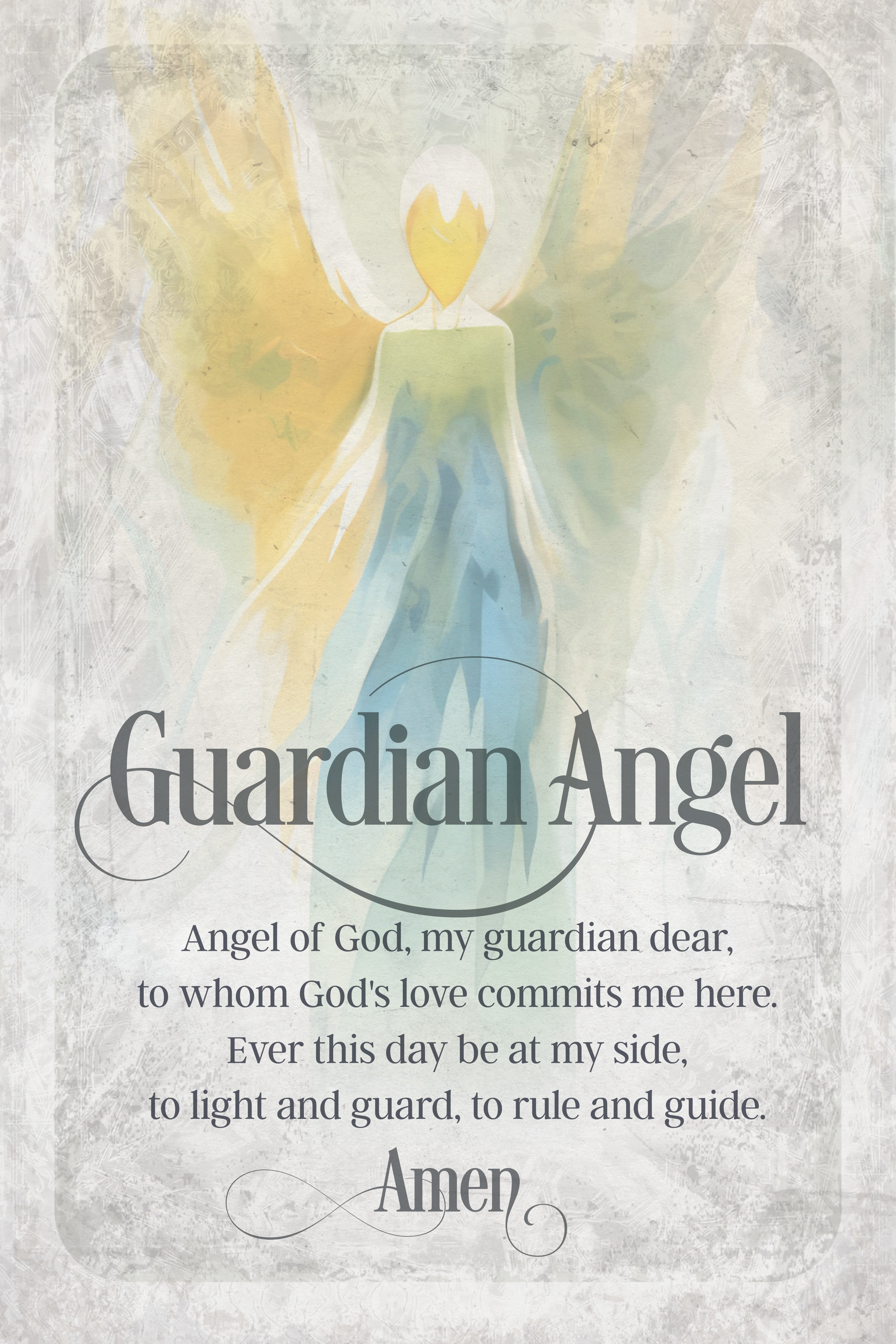 Guardian Angel Prayer 6x9 MDF Plaque has natural edges, muted tones, and an inspirational prayer reflecting our faith in God. The plaque features full-color printing and a metal hanger and easel back.