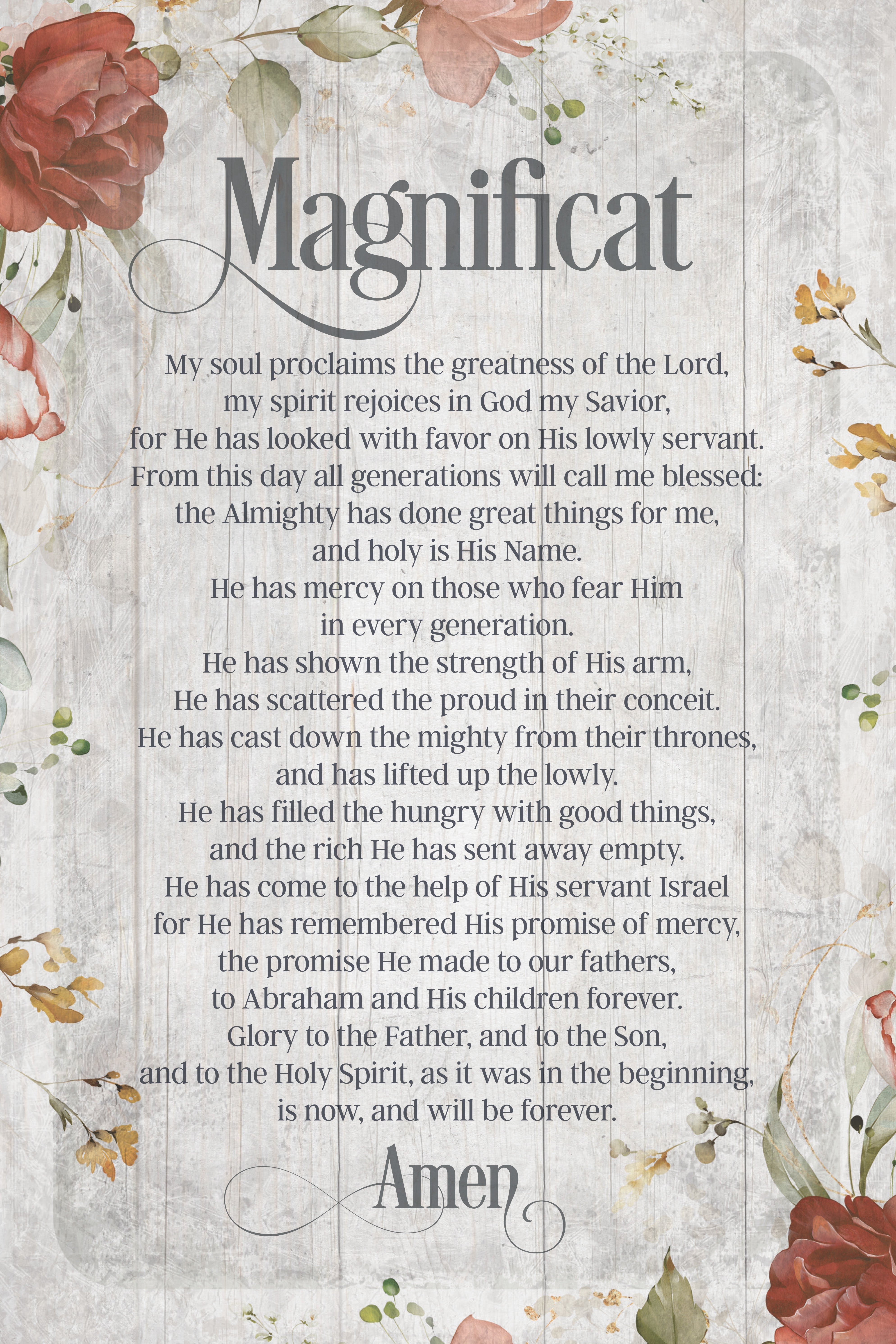 Magnificat Prayer 6x9 MDF Plaque has natural edges, muted tones, and an inspirational prayer reflecting our faith in God. The plaque features full-color printing and a metal hanger and easel back.