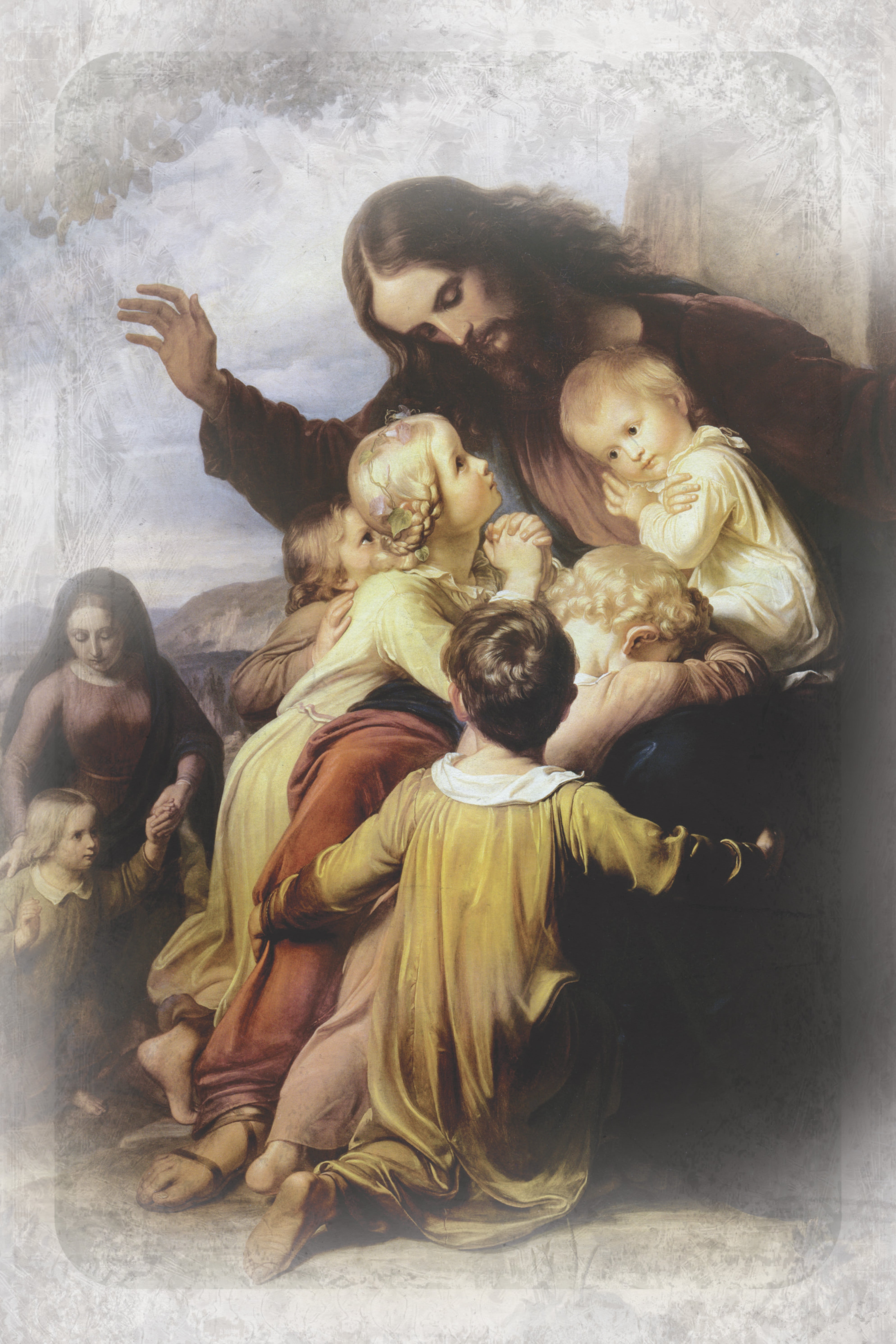 Let the Children Come Unto Me 6x9 MDF Plaque has natural edges, muted tones, and inspirational imagery reflecting our faith in God. The plaque features full-color printing and a metal hanger and easel back.