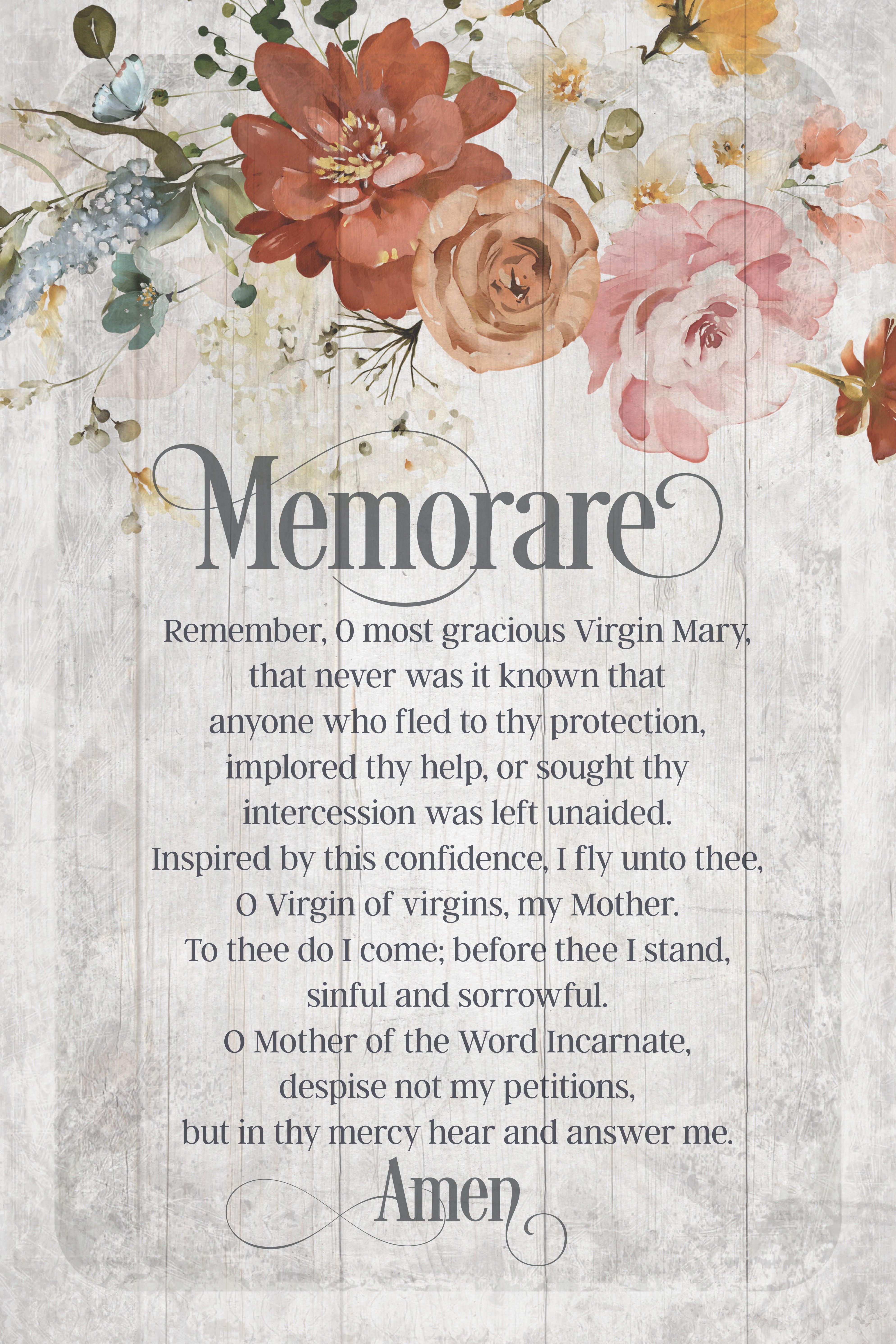 Memorare Prayer 6x9 MDF Plaque has natural edges, muted tones, and an inspirational prayer reflecting our faith in God. The plaque features full-color printing and a metal hanger and easel back.