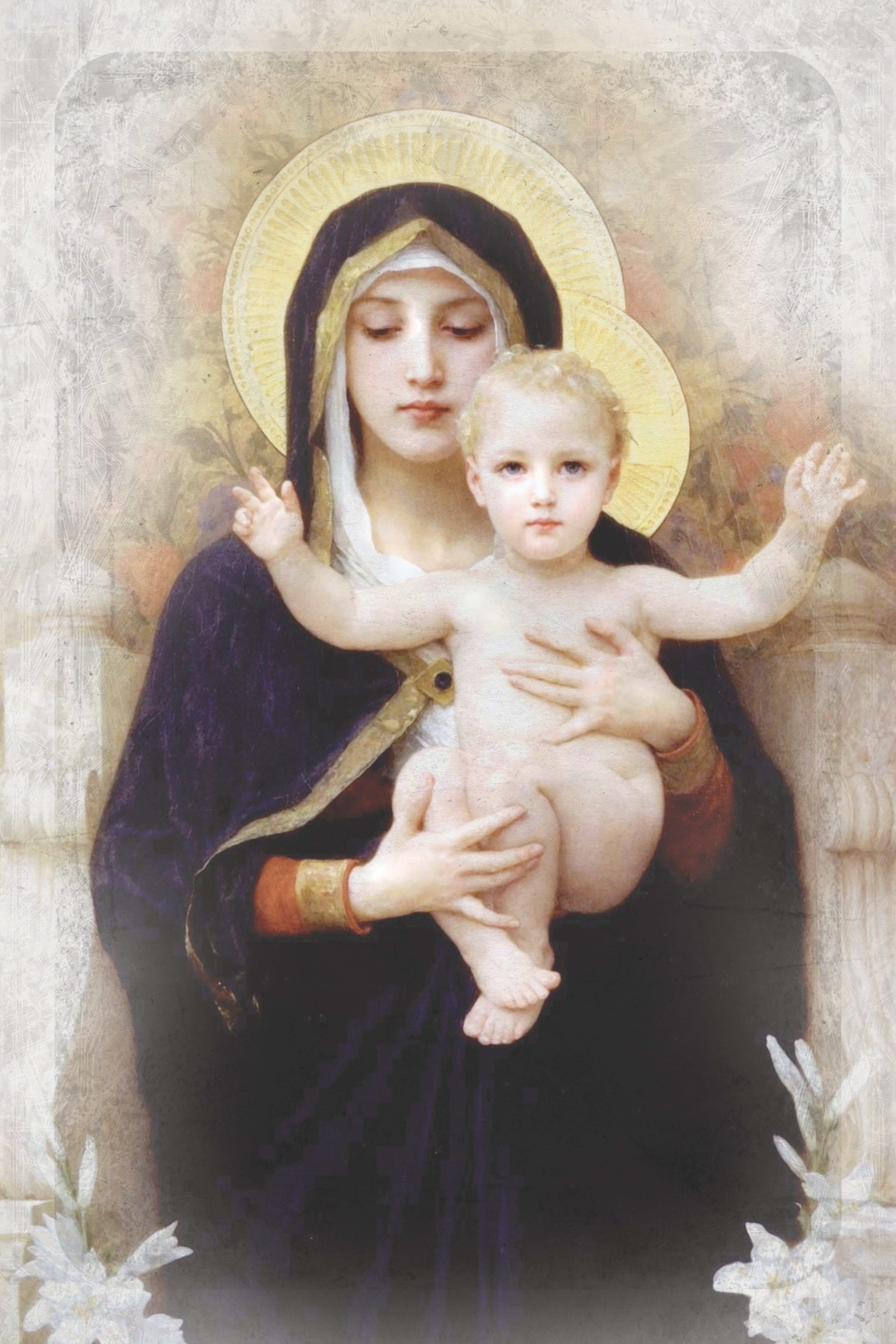 Madonna of the Lilies 6x9 MDF Plaque has natural edges, muted tones, and inspirational imagery reflecting our faith in God. The plaque features full-color printing and a metal hanger and easel back.