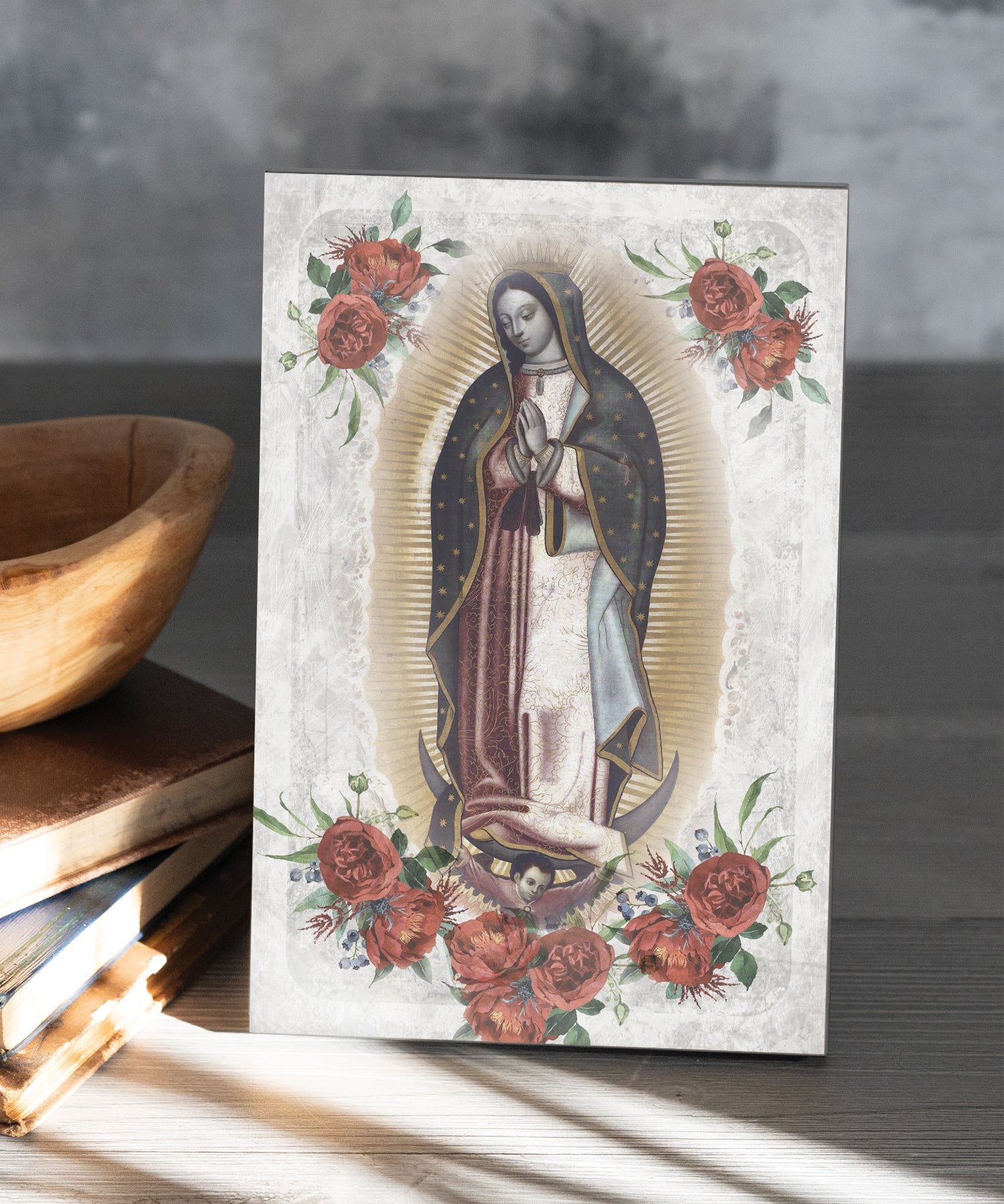 The Virgin of Guadalupe 6x9 MDF plaque featuring Our Lady of Guadalupe artwork, full-color Catholic faith art, natural wood edge, and easel back